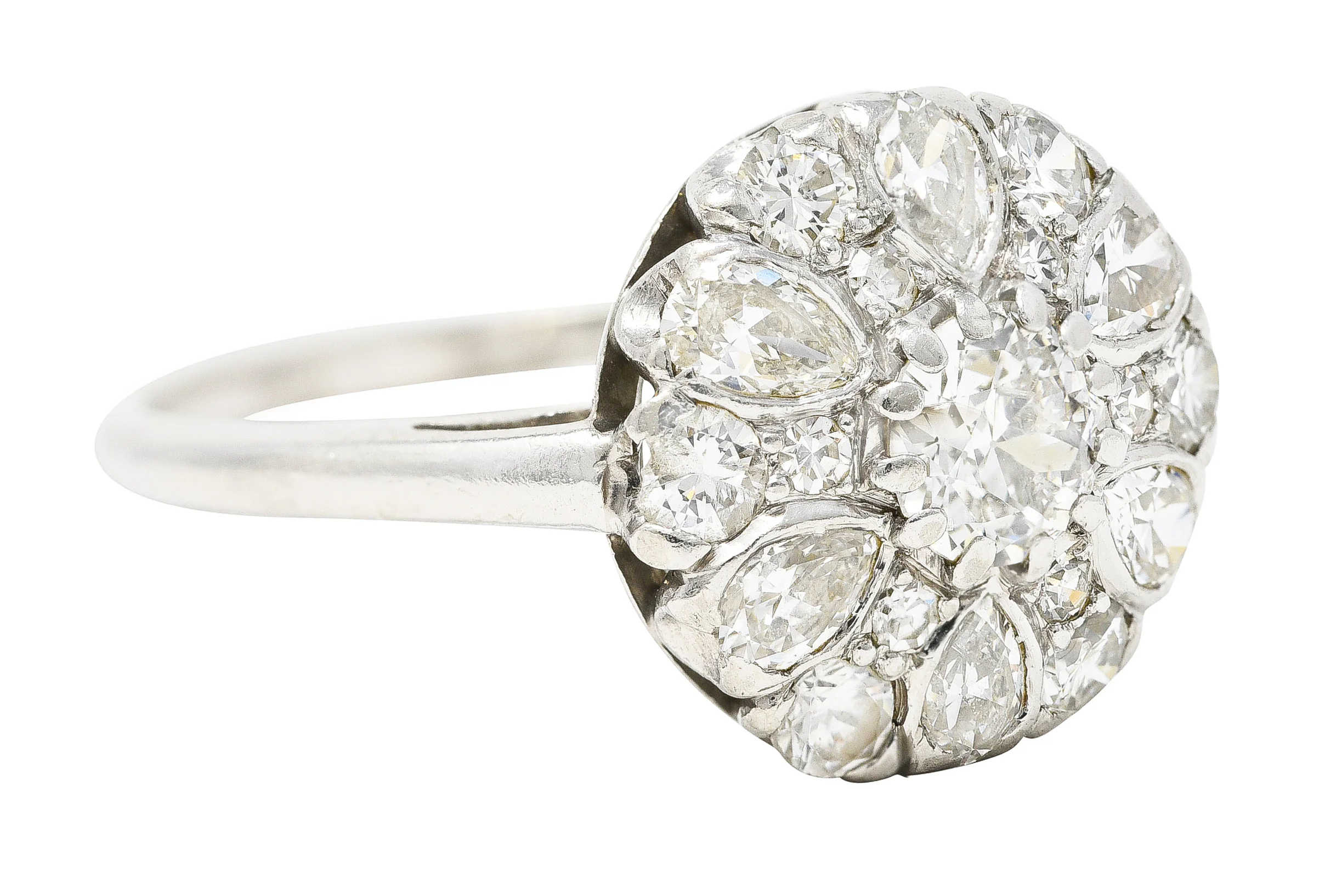 Mid-Century 1.52 CTW Old Mine & Pear Cut Diamond Platinum Cluster Vintage Ring - Image 2