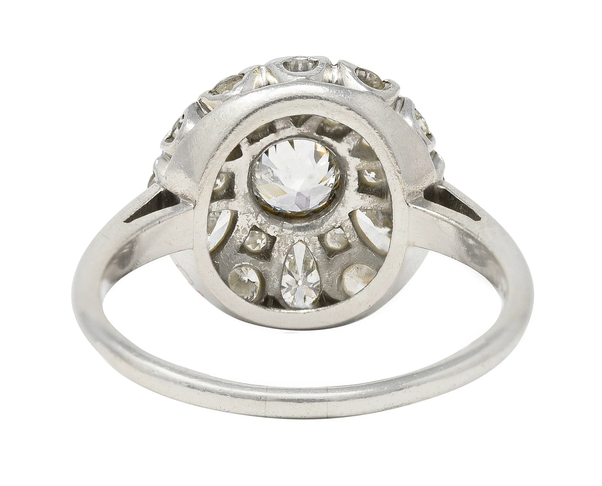 Mid-Century 1.52 CTW Old Mine & Pear Cut Diamond Platinum Cluster Vintage Ring - Image 4