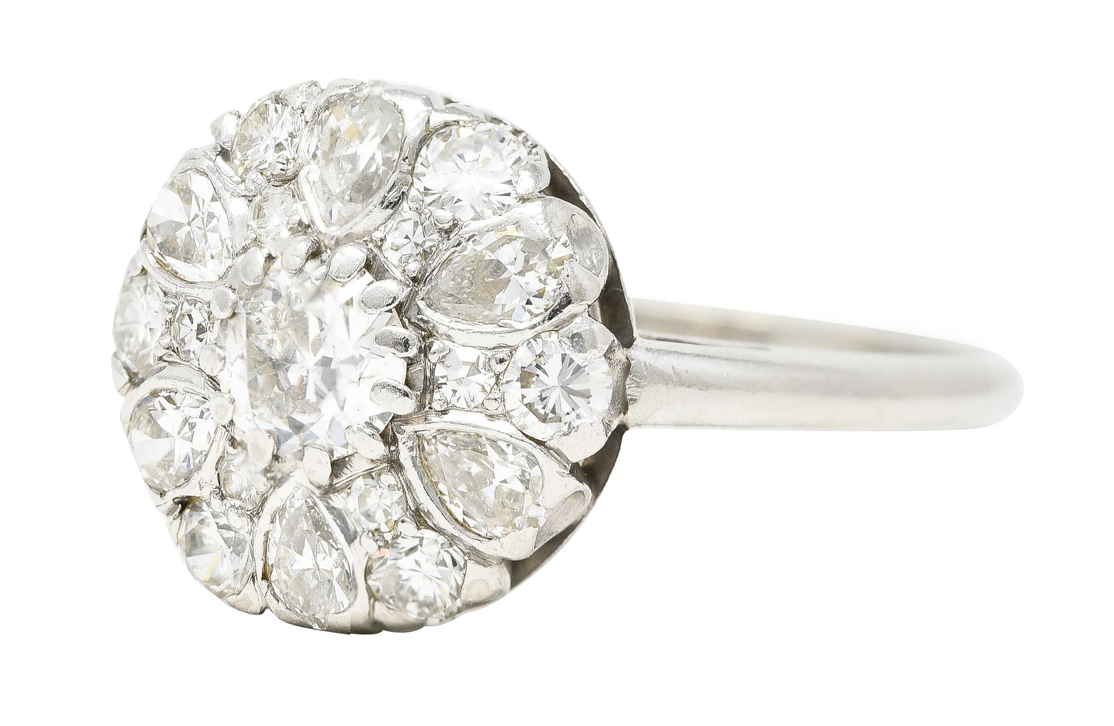 Mid-Century 1.52 CTW Old Mine & Pear Cut Diamond Platinum Cluster Vintage Ring - Image 6