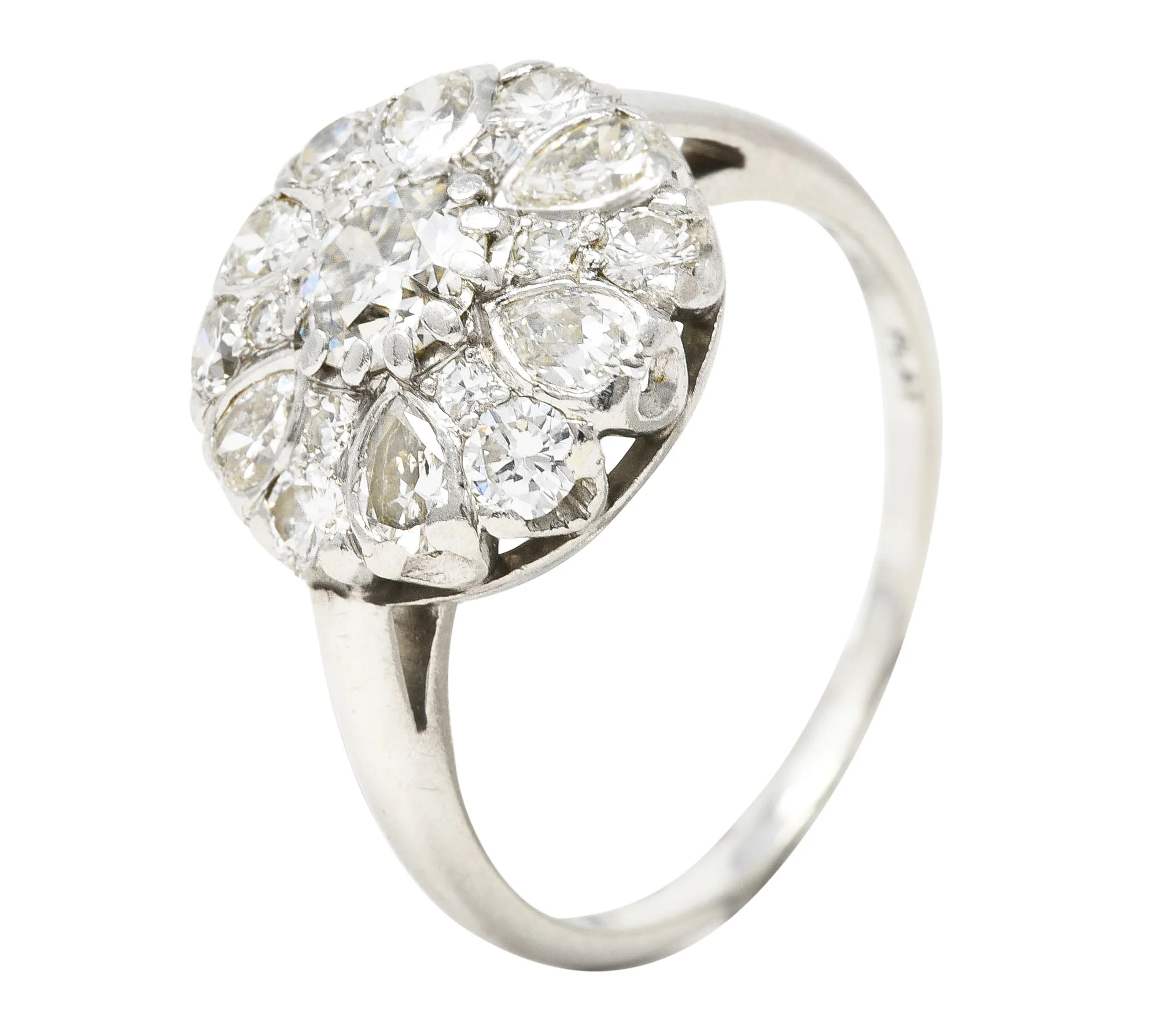 Mid-Century 1.52 CTW Old Mine & Pear Cut Diamond Platinum Cluster Vintage Ring - Image 9