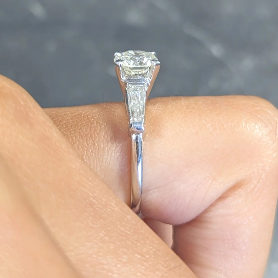 Mid-Century 1.61 CTW Old European Cut Diamond Platinum Three Stone Vintage Engagement Ring - Image 12