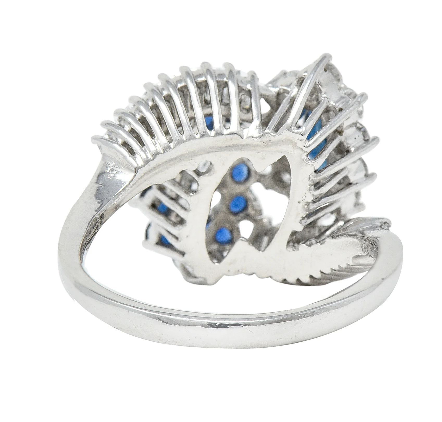 Mid-Century 1.68 CTW Marquise Cut Sapphire Diamond Platinum Clustered Vintage Bypass Ring - Image 4