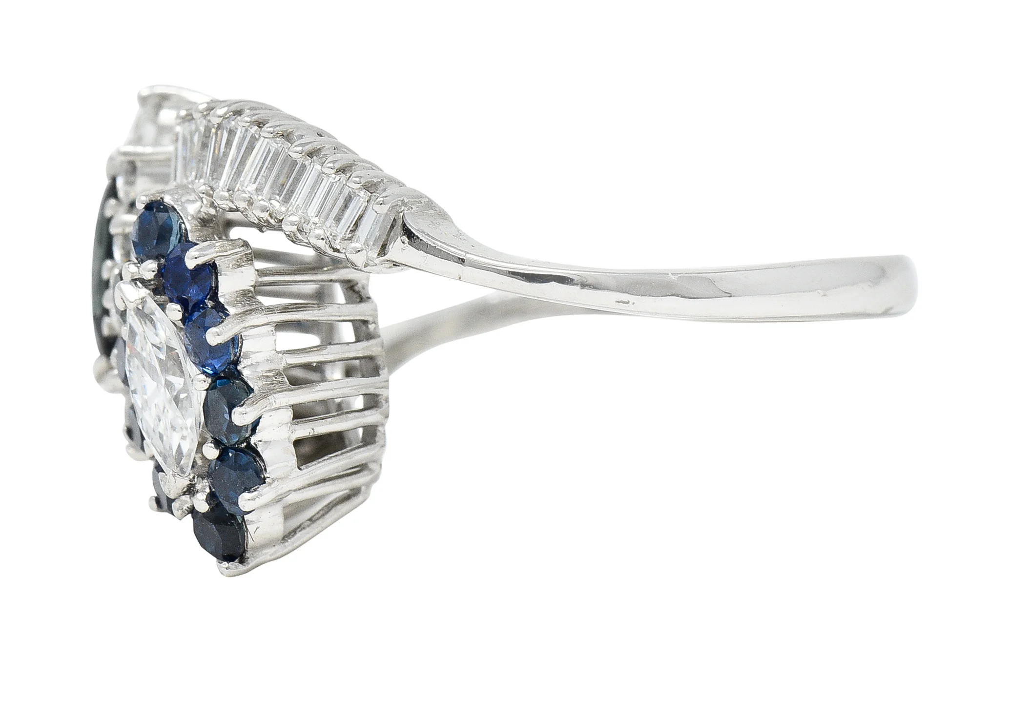 Mid-Century 1.68 CTW Marquise Cut Sapphire Diamond Platinum Clustered Vintage Bypass Ring - Image 5