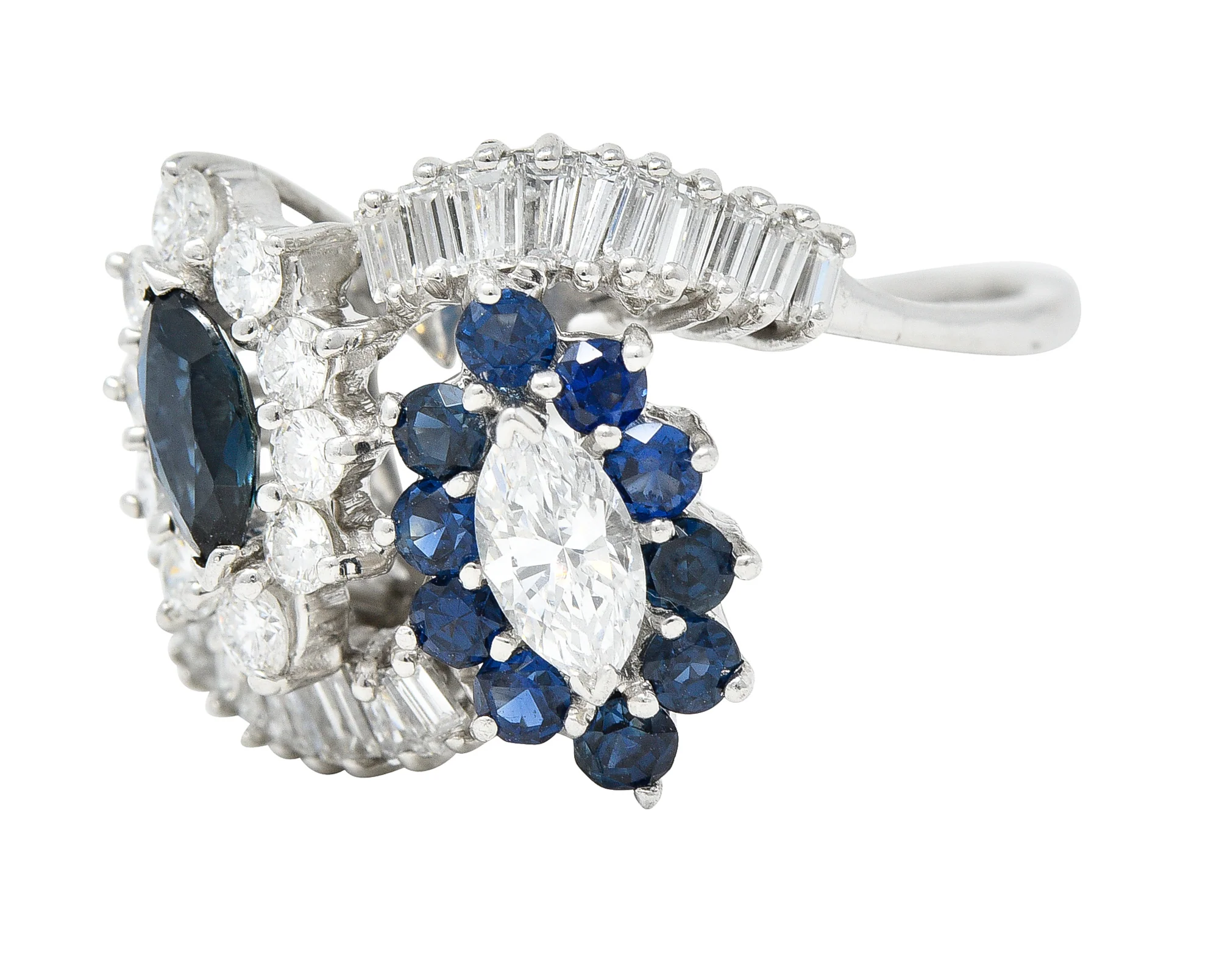 Mid-Century 1.68 CTW Marquise Cut Sapphire Diamond Platinum Clustered Vintage Bypass Ring - Image 6