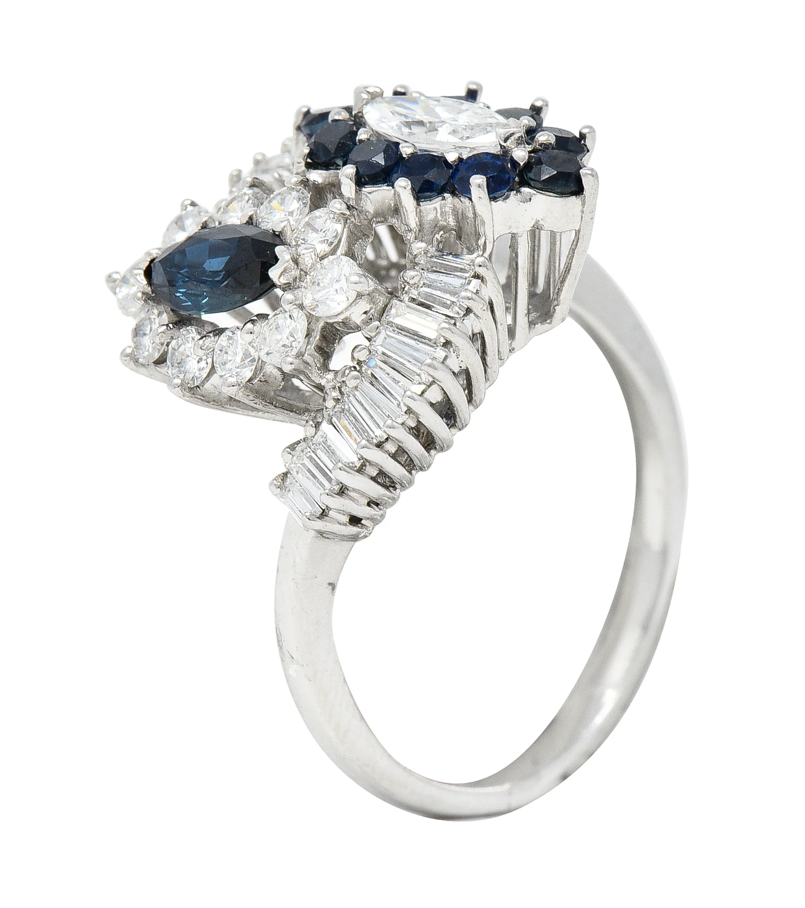 Mid-Century 1.68 CTW Marquise Cut Sapphire Diamond Platinum Clustered Vintage Bypass Ring - Image 8