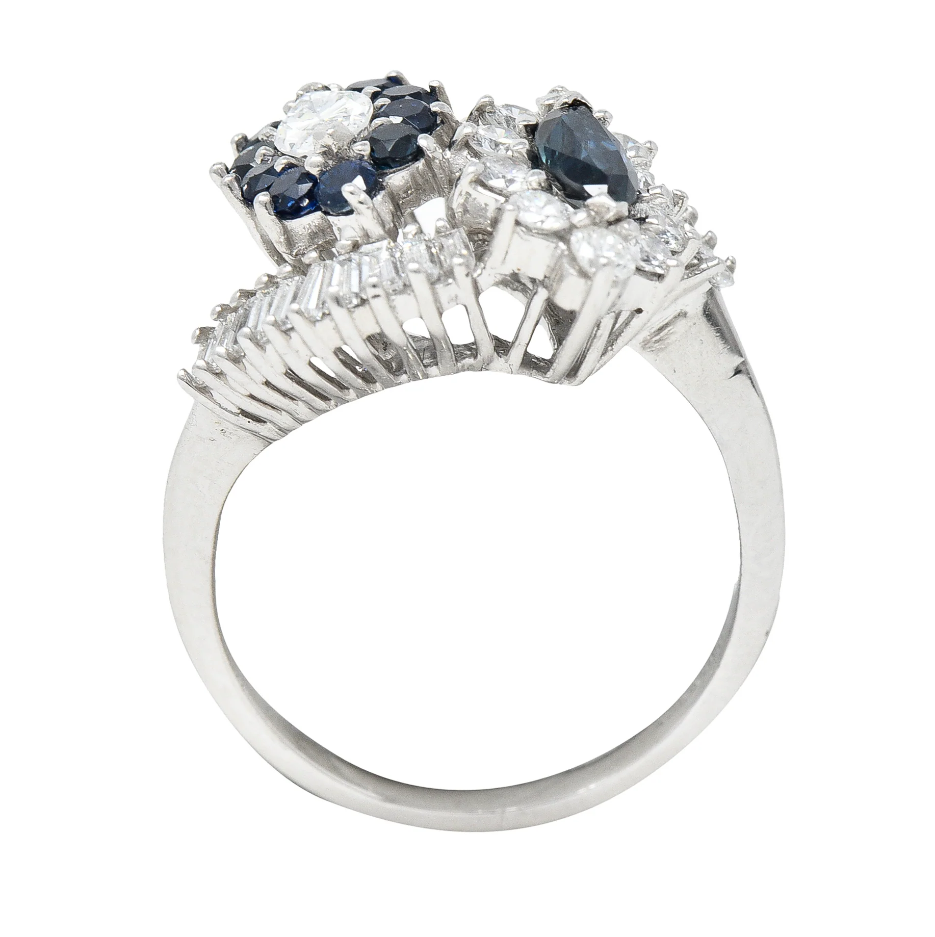 Mid-Century 1.68 CTW Marquise Cut Sapphire Diamond Platinum Clustered Vintage Bypass Ring - Image 9