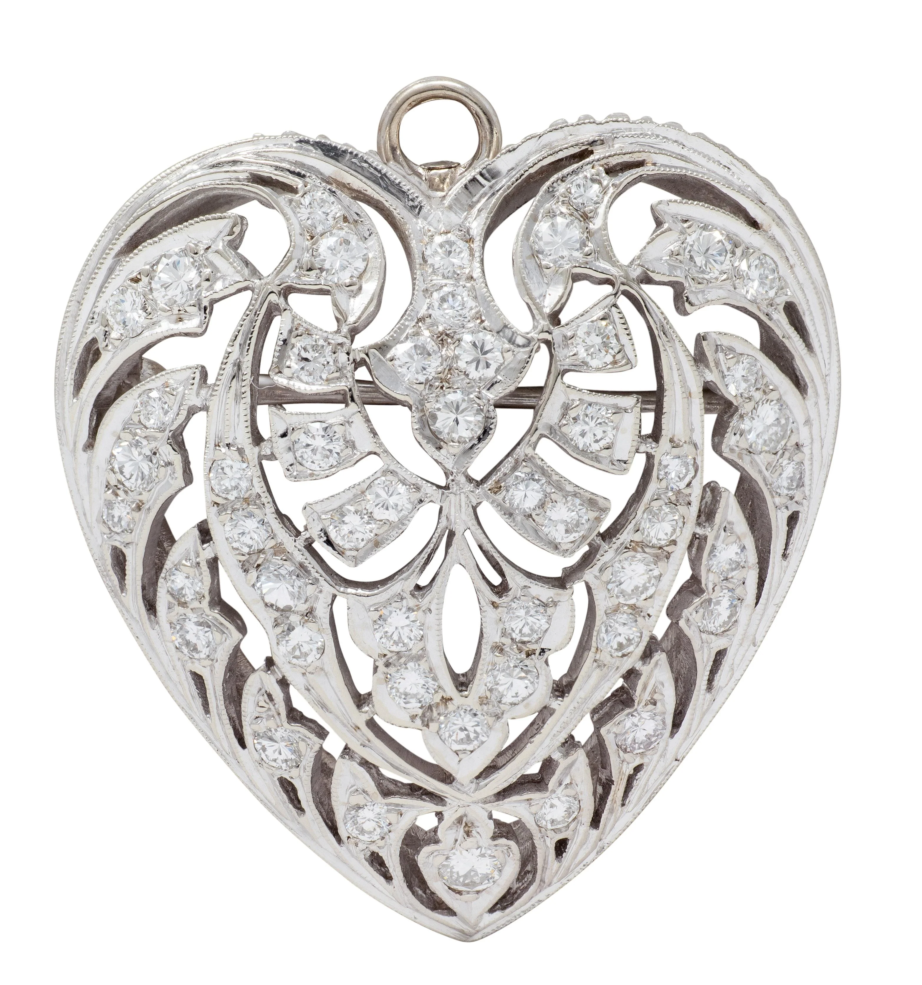 Mid-Century 1.85 CTW Diamond 14 Karat White Gold Vintage Pierced Heart Pendant Brooch