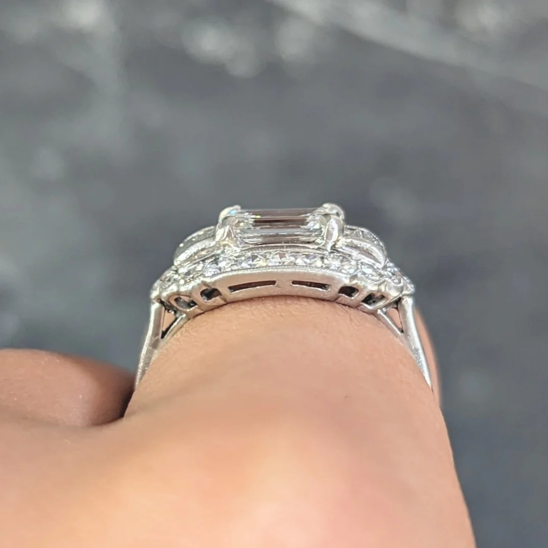 Mid-Century 1.85 CTW Emerald Cut Diamond Platinum Halo Vintage Dinner Ring GIA - Image 16