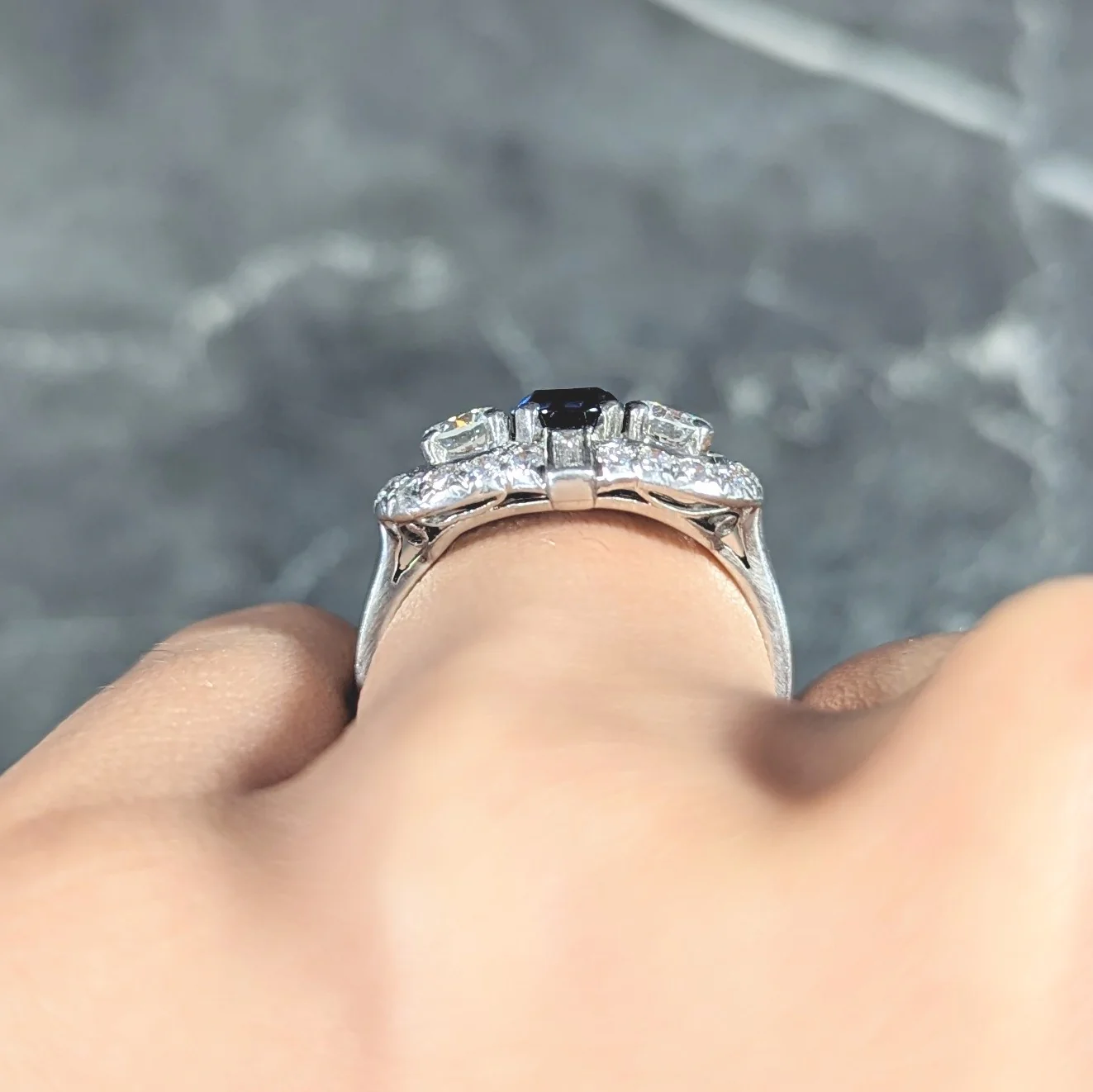 Mid-Century 1.95 CTW Sapphire Diamond Platinum Cluster Vintage Dinner Ring - Image 13