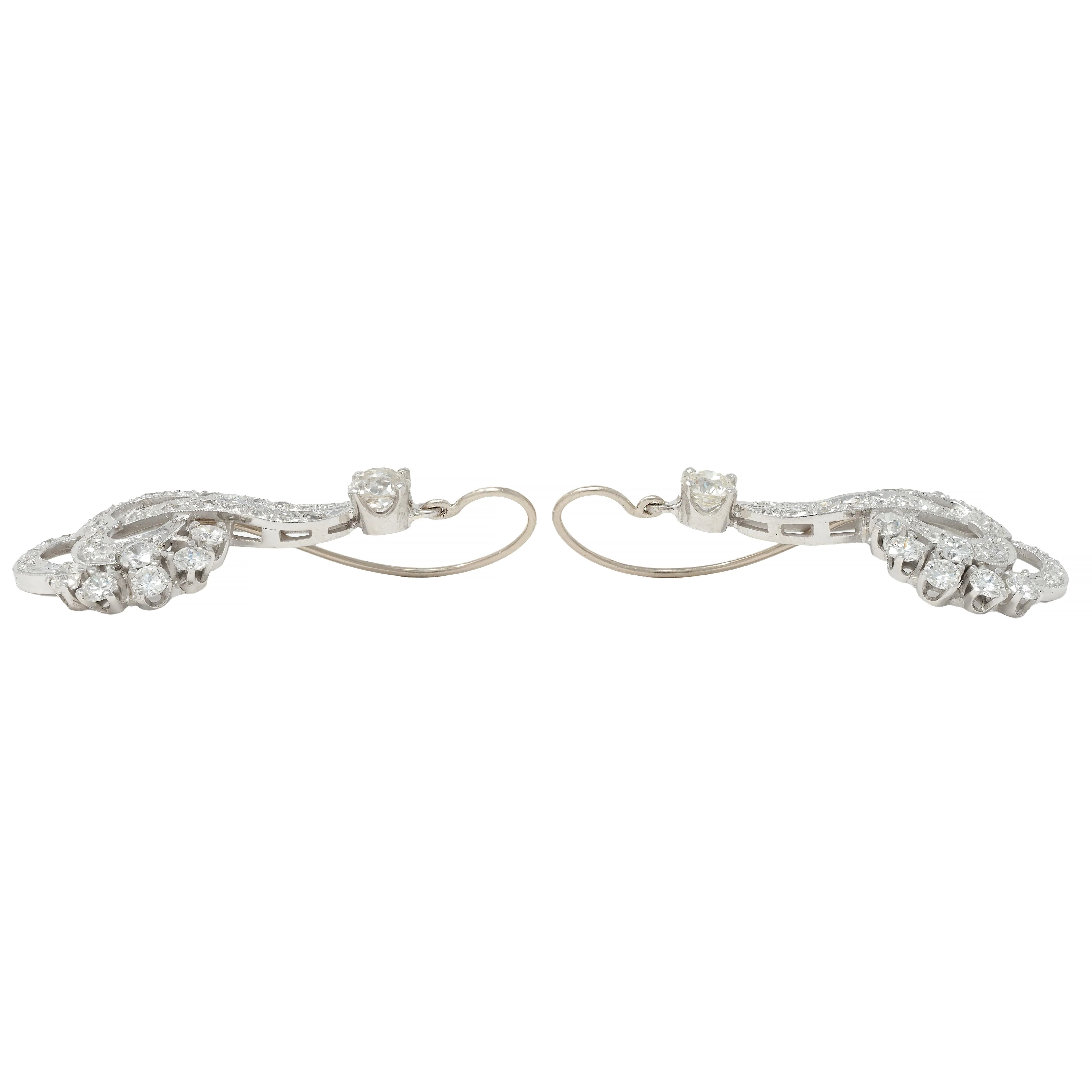 Mid-Century 1.98 CTW Diamond 14 Karat White Gold Vintage Heart Drop Earrings - Image 6