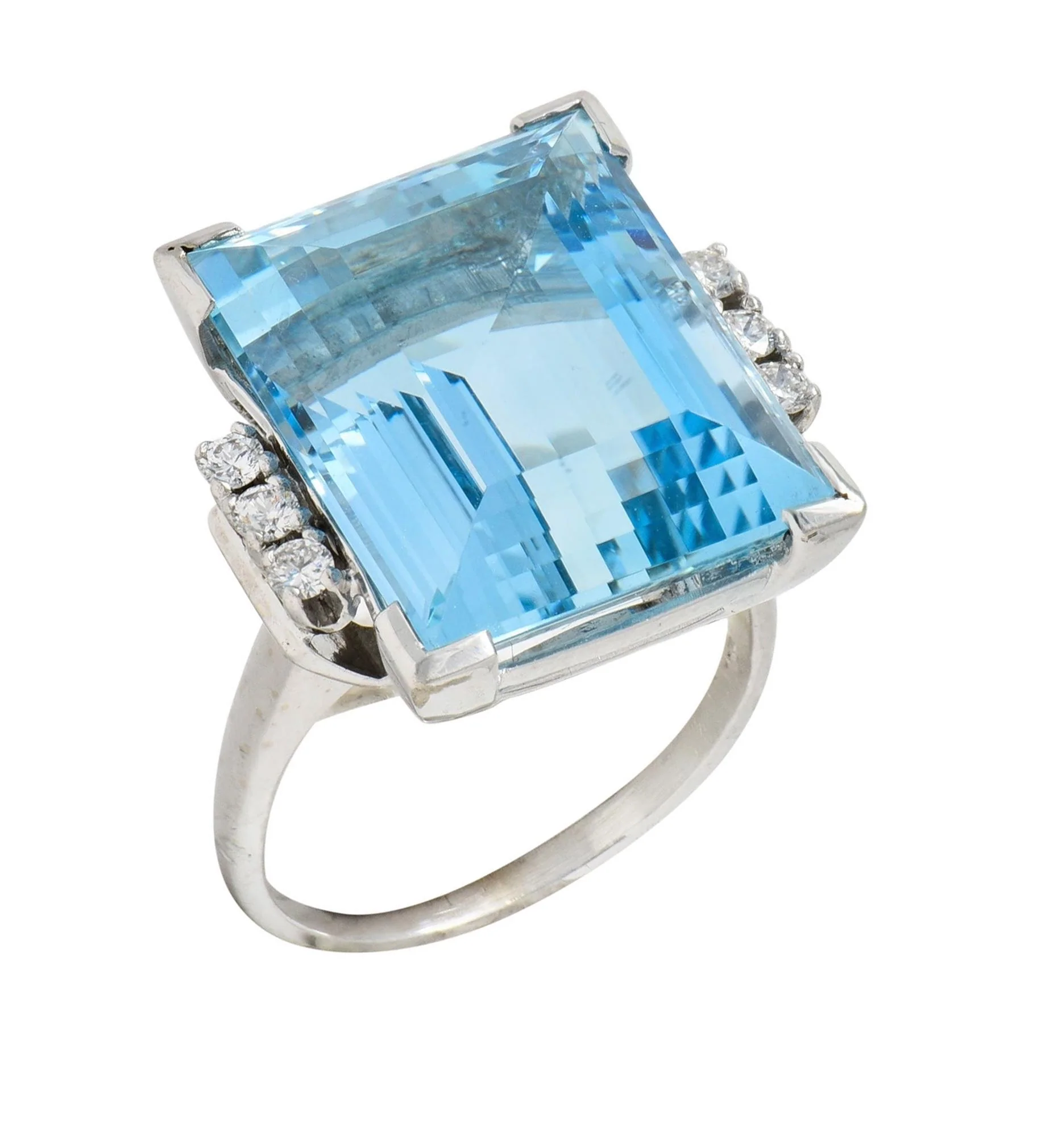 Mid-Century 19.50 CTW Aquamarine Diamond 18 Karat White Gold Vintage Cocktail Ring - Image 9