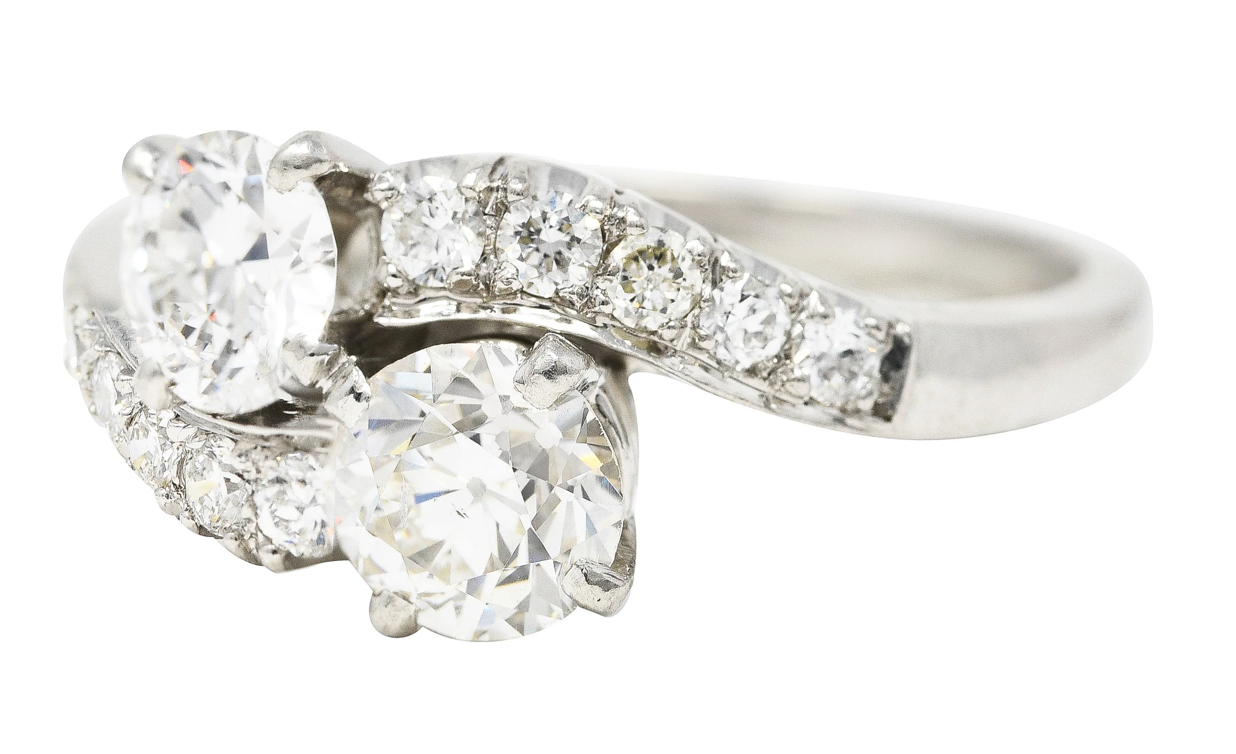 Mid-Century 1950's 1.79 CTW Old European Cut Diamond Platinum Vintage Bypass Ring - Image 6