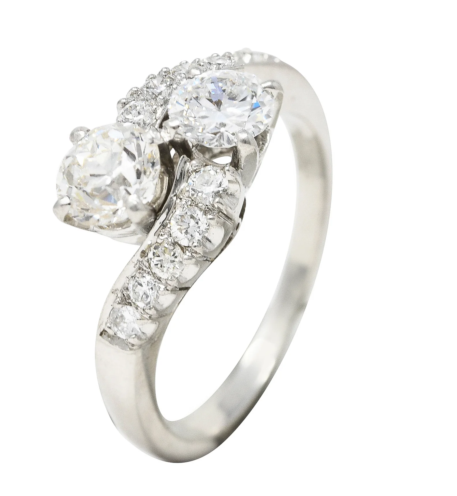 Mid-Century 1950's 1.79 CTW Old European Cut Diamond Platinum Vintage Bypass Ring - Image 9