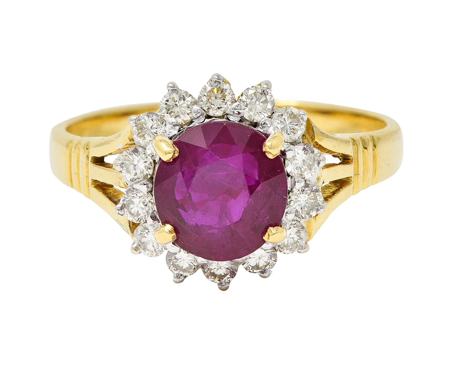 Mid-Century 2.00 CTW Burma Ruby Diamond 18 Karat Yellow Gold Vintage Halo Ring GIA