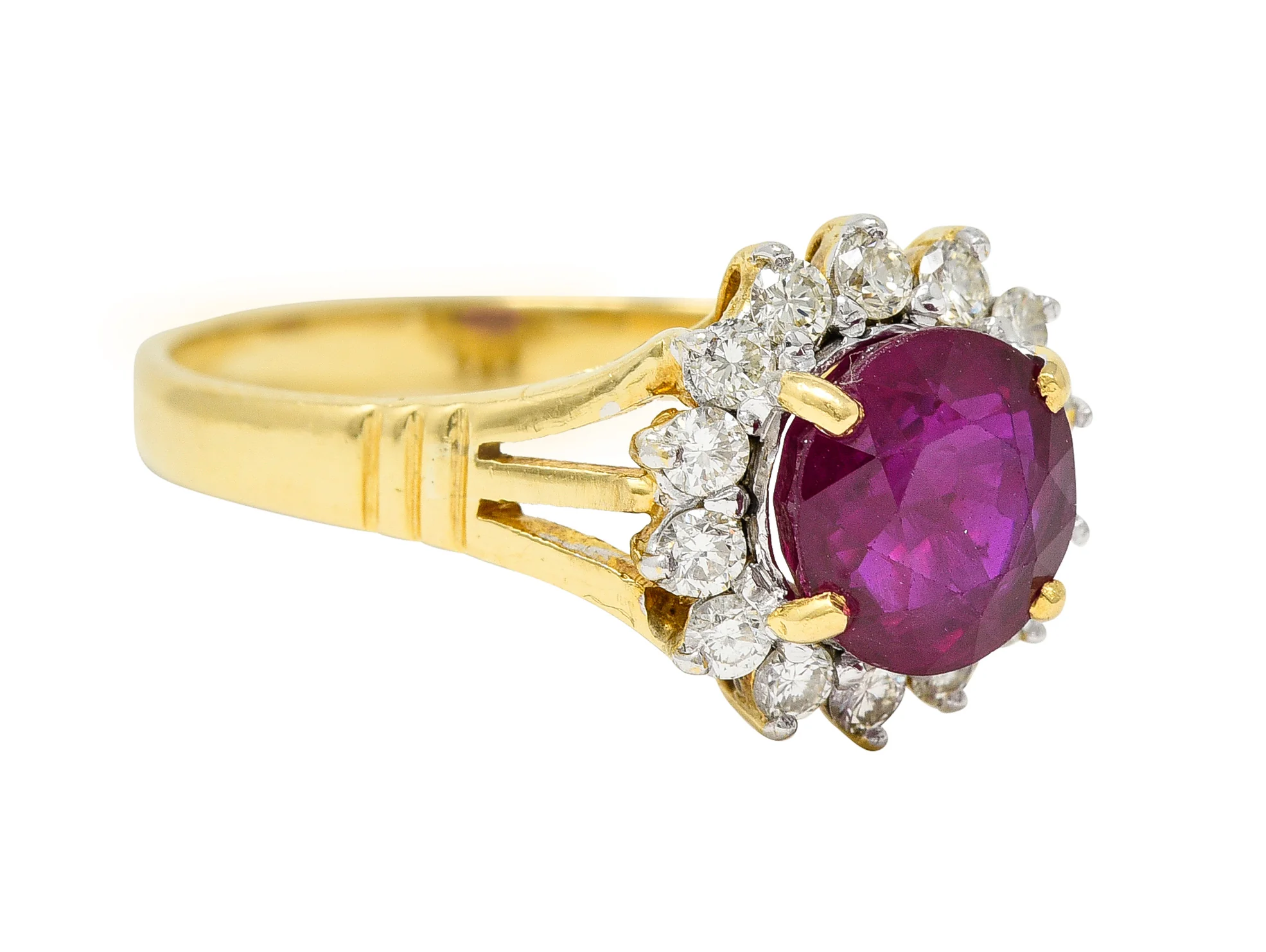 Mid-Century 2.00 CTW Burma Ruby Diamond 18 Karat Yellow Gold Vintage Halo Ring GIA - Image 2