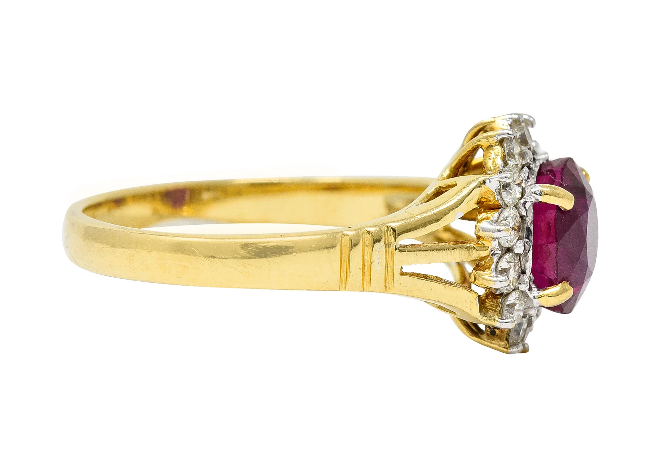 Mid-Century 2.00 CTW Burma Ruby Diamond 18 Karat Yellow Gold Vintage Halo Ring GIA - Image 3