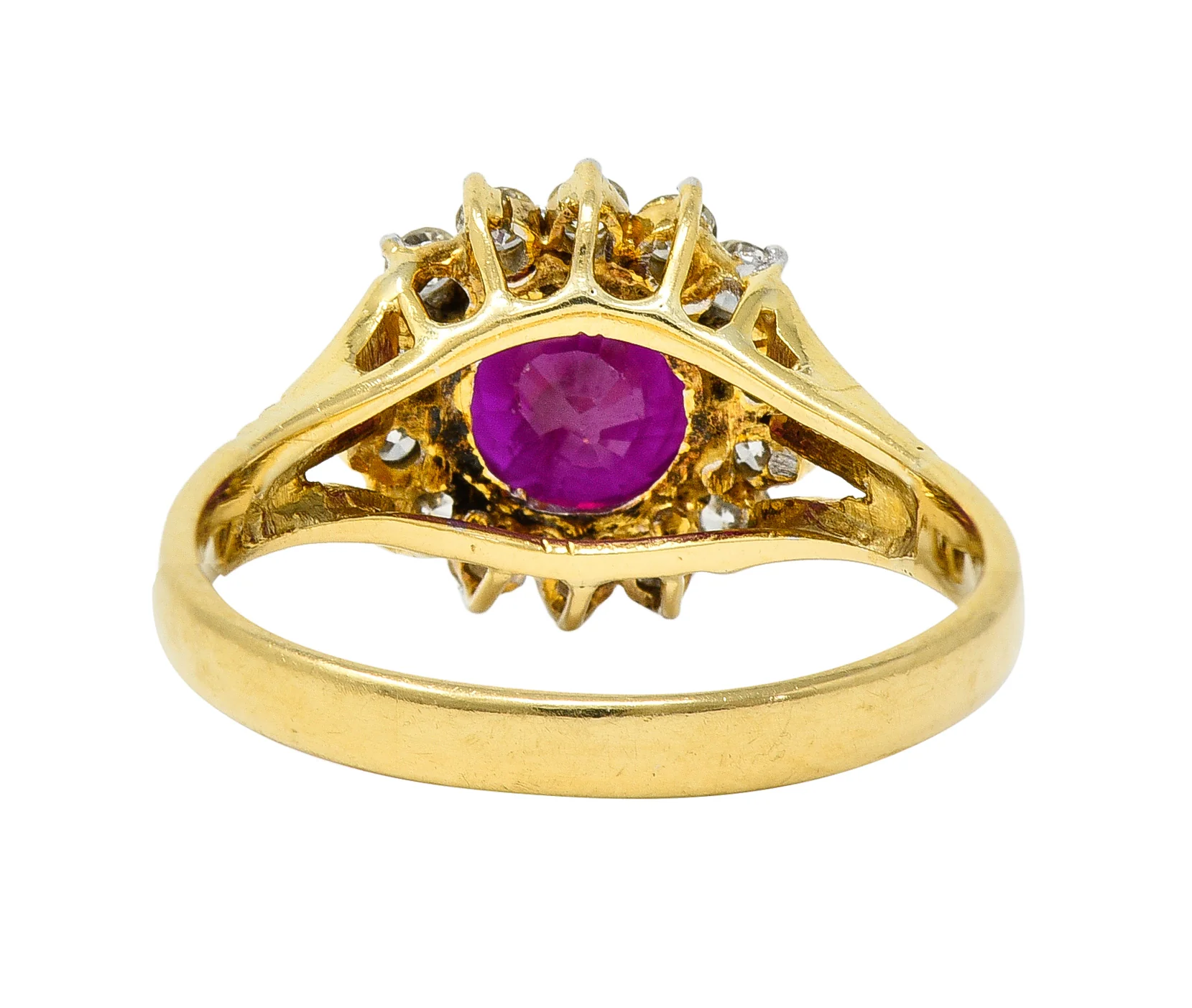 Mid-Century 2.00 CTW Burma Ruby Diamond 18 Karat Yellow Gold Vintage Halo Ring GIA - Image 4