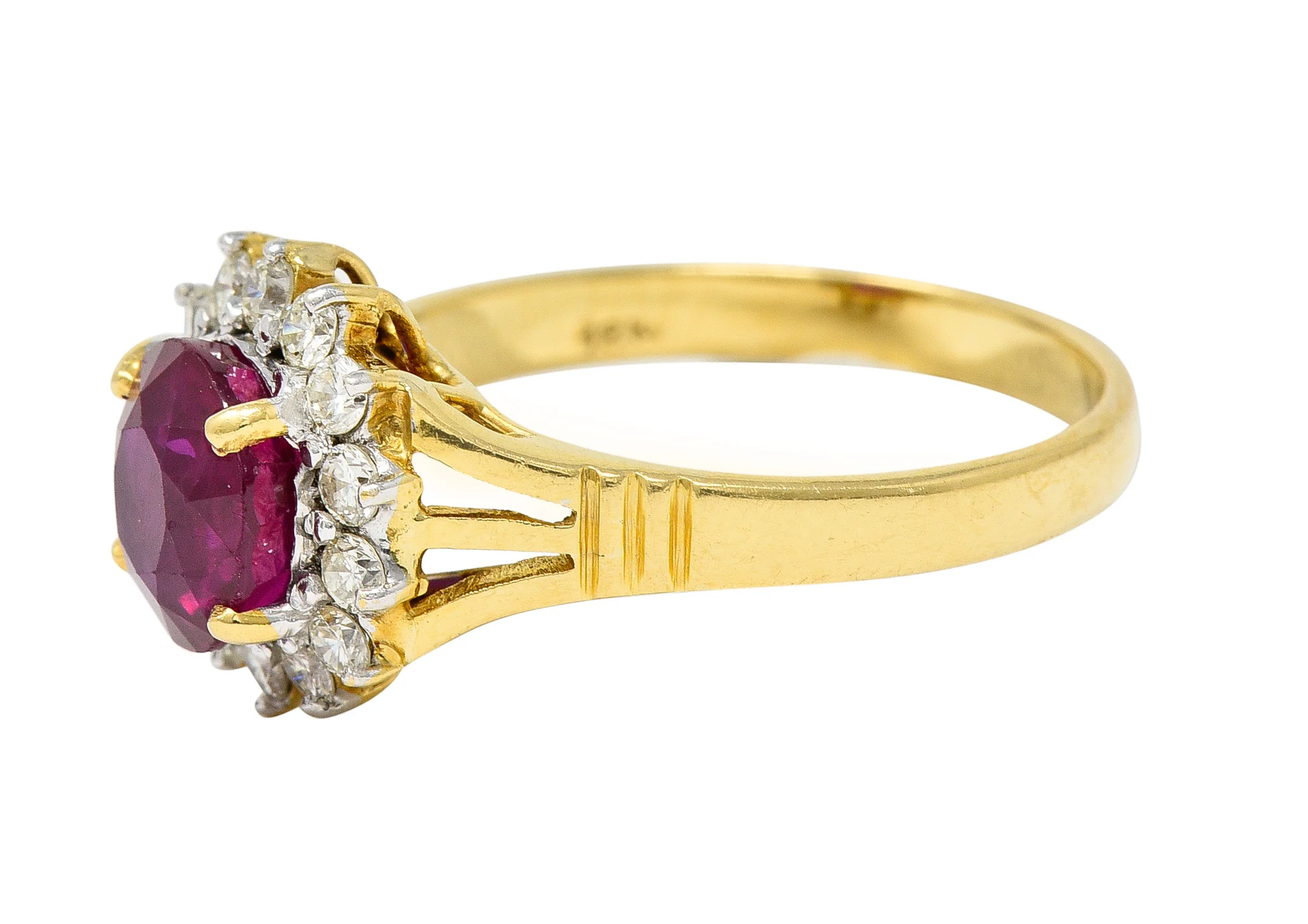 Mid-Century 2.00 CTW Burma Ruby Diamond 18 Karat Yellow Gold Vintage Halo Ring GIA - Image 5