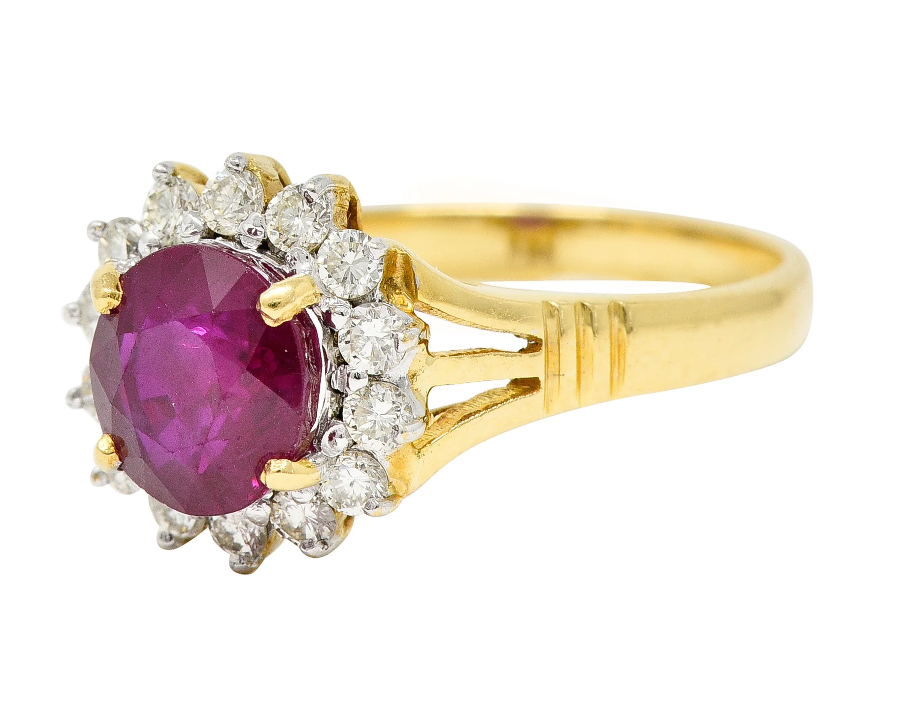 Mid-Century 2.00 CTW Burma Ruby Diamond 18 Karat Yellow Gold Vintage Halo Ring GIA - Image 6