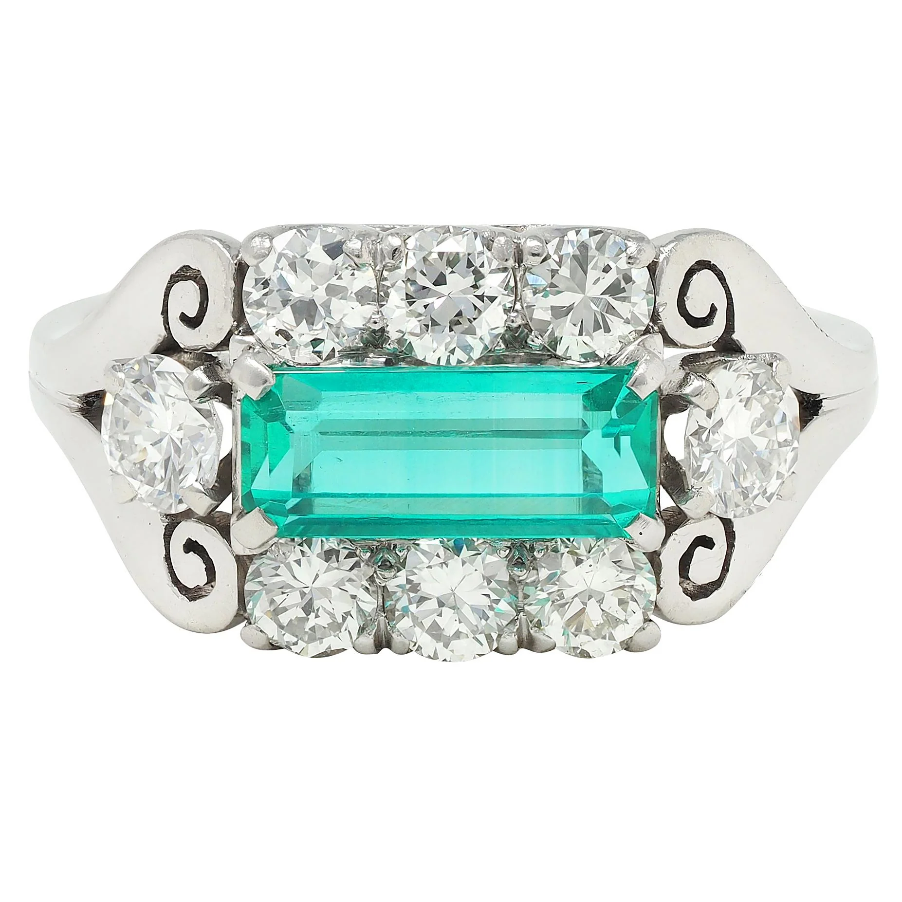 Mid-Century 2.14 Emerald Diamond Platinum Vintage Scroll Ring