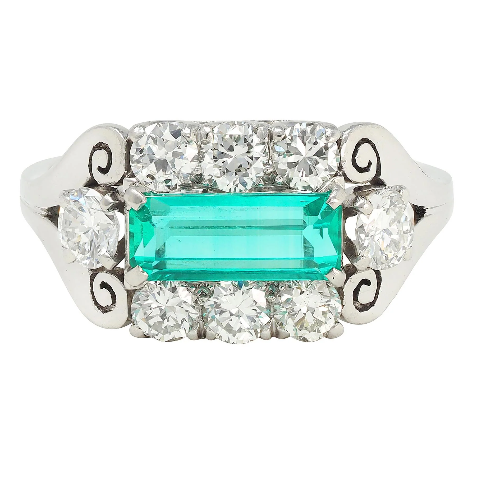 Mid-Century 2.14 Emerald Diamond Platinum Vintage Scroll Ring - Image 6