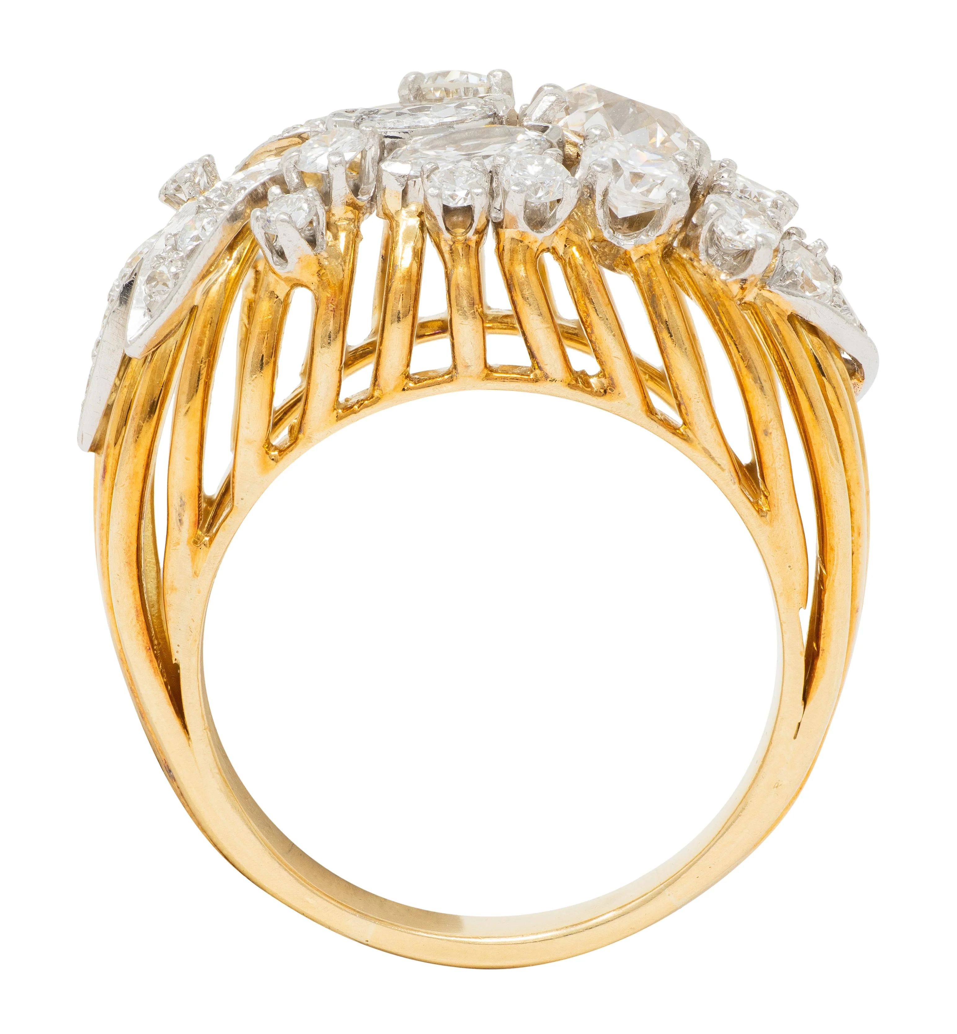 Mid-Century 2.34 CTW Diamond Platinum 18 Karat Yellow Gold Vintage Wire Spray Cluster Ring - Image 5