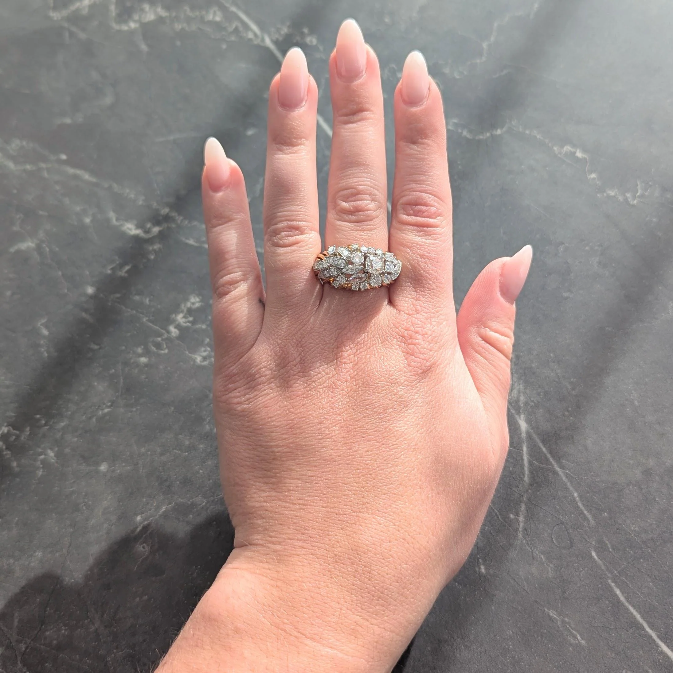 Mid-Century 2.34 CTW Diamond Platinum 18 Karat Yellow Gold Vintage Wire Spray Cluster Ring - Image 7