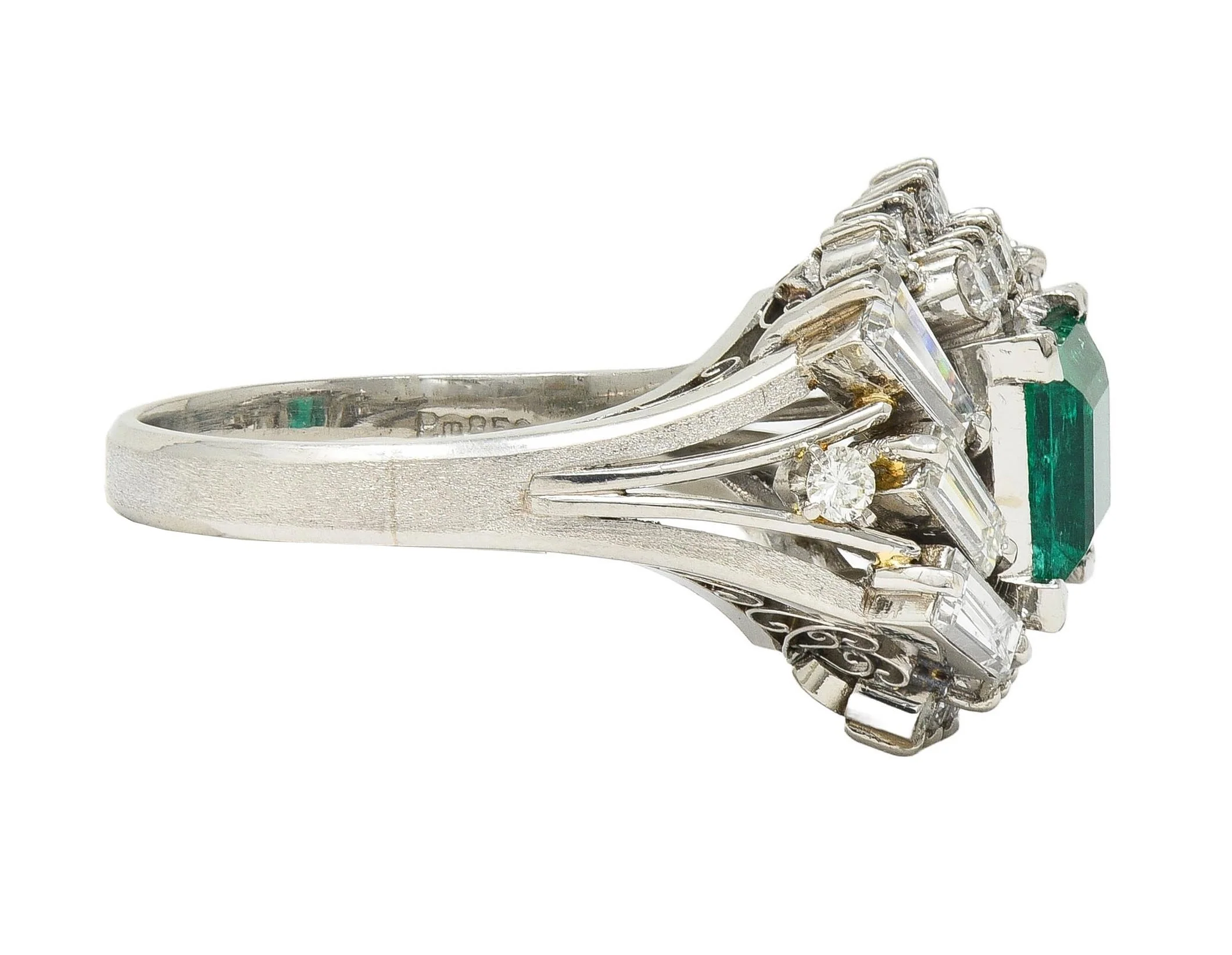 Mid-Century 2.79 CTW Colombian Emerald Diamond Platinum Vintage Scroll Cluster Ring GIA - Image 3