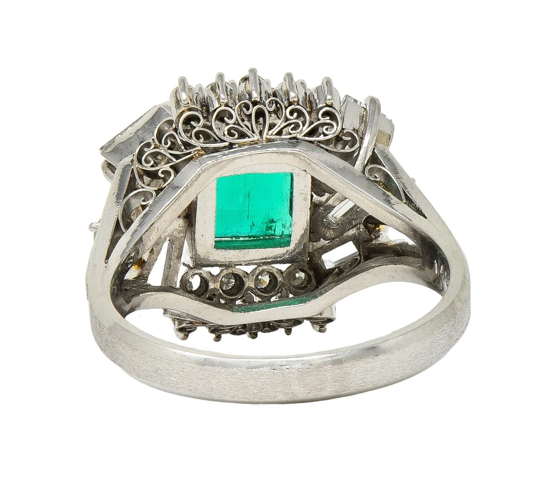 Mid-Century 2.79 CTW Colombian Emerald Diamond Platinum Vintage Scroll Cluster Ring GIA - Image 4
