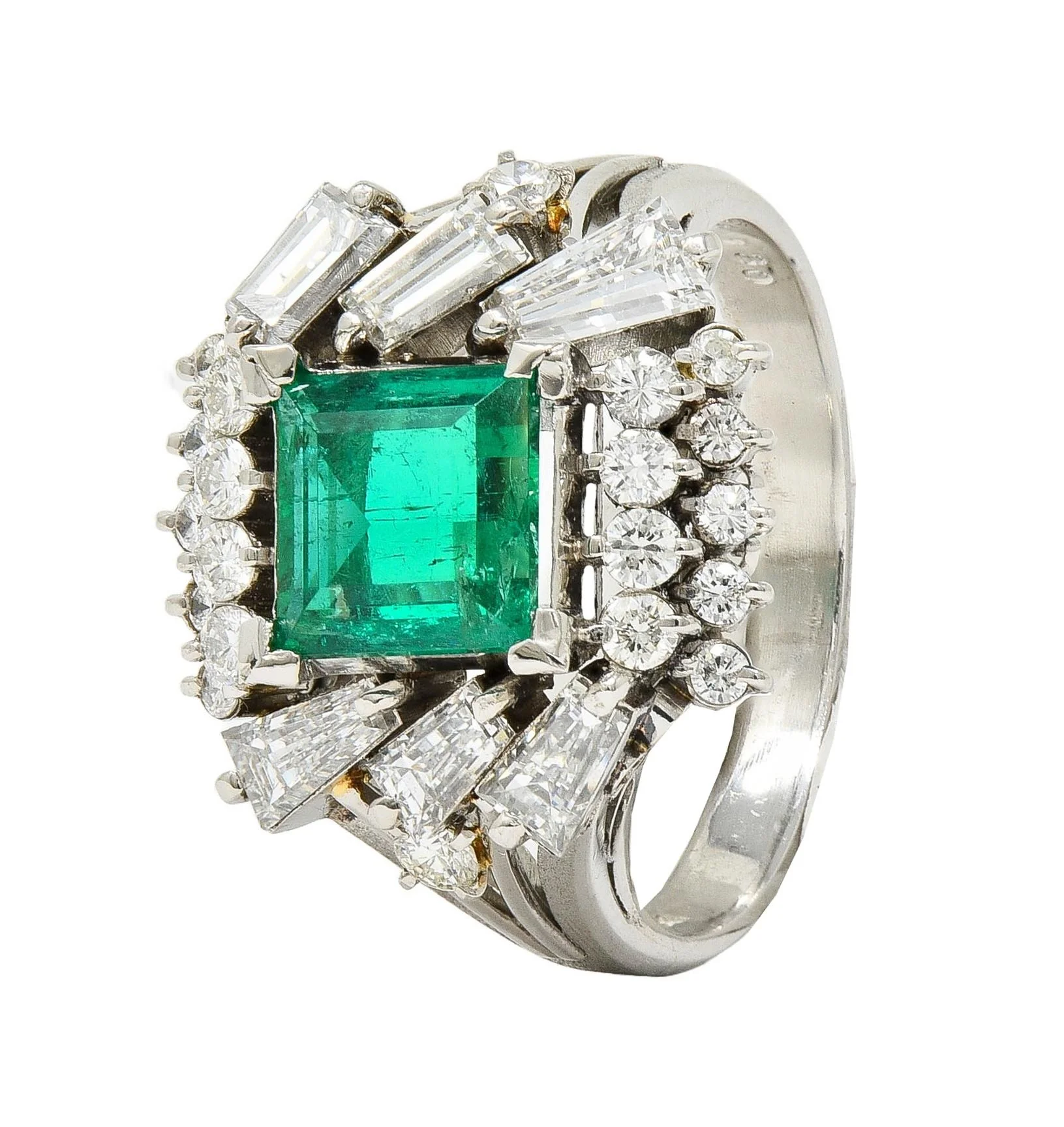Mid-Century 2.79 CTW Colombian Emerald Diamond Platinum Vintage Scroll Cluster Ring GIA - Image 9