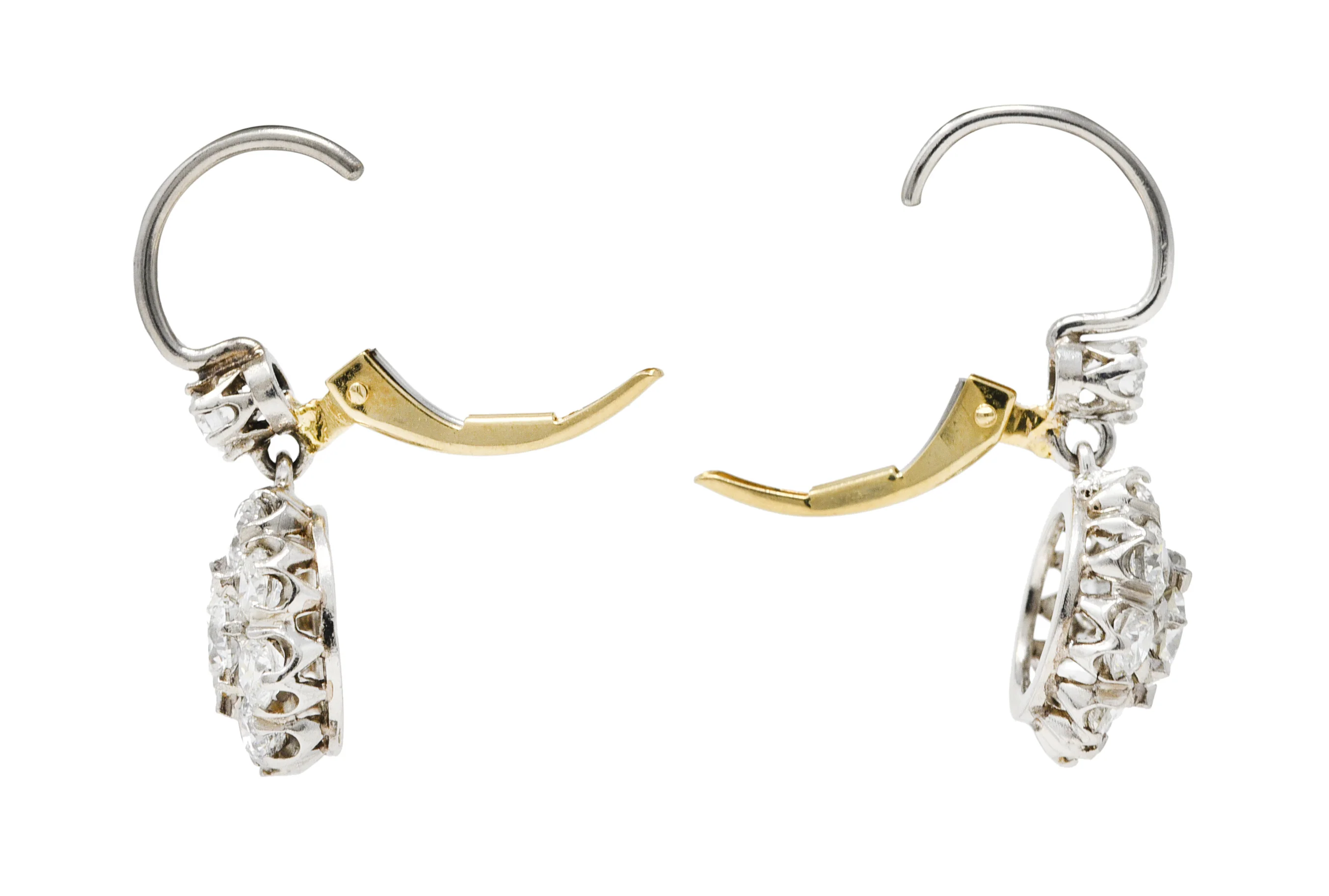 Mid-Century 2.80 CTW Diamond Platinum 14 Karat Gold Cluster Vintage Drop Earrings - Image 5