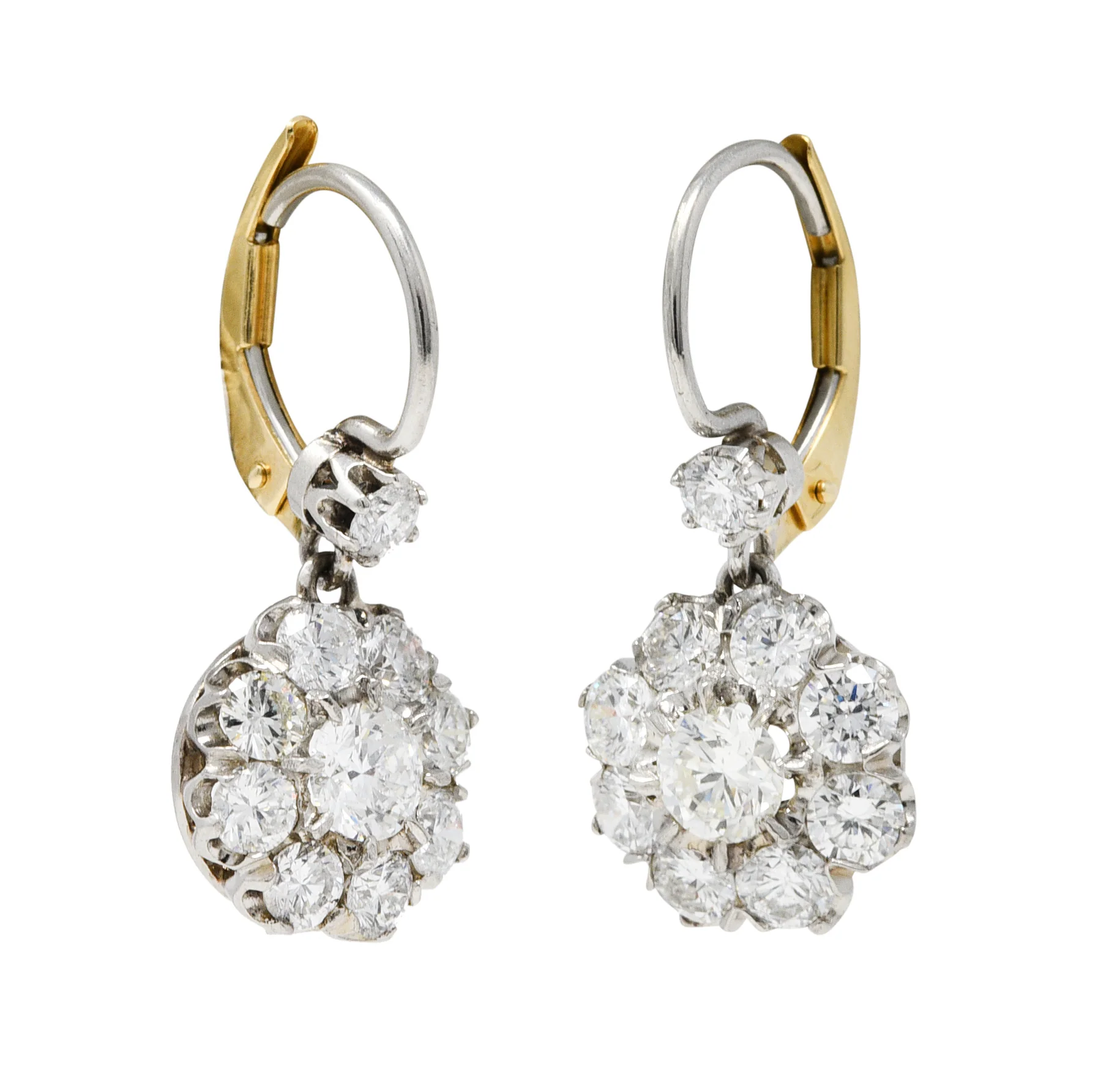 Mid-Century 2.80 CTW Diamond Platinum 14 Karat Gold Cluster Vintage Drop Earrings - Image 6
