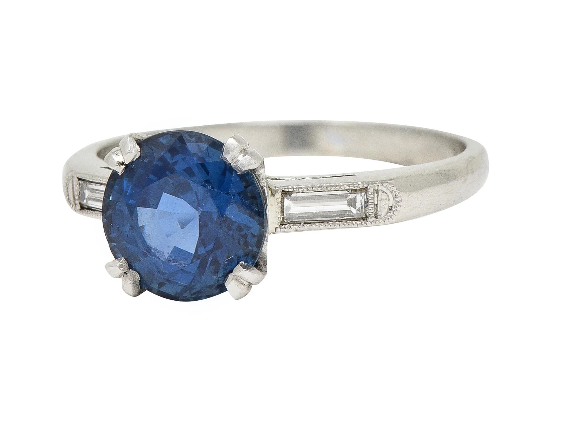 Mid Century 2.96 CTW No Heat Sapphire Diamond Platinum Three Stone Ring GIA - Image 6