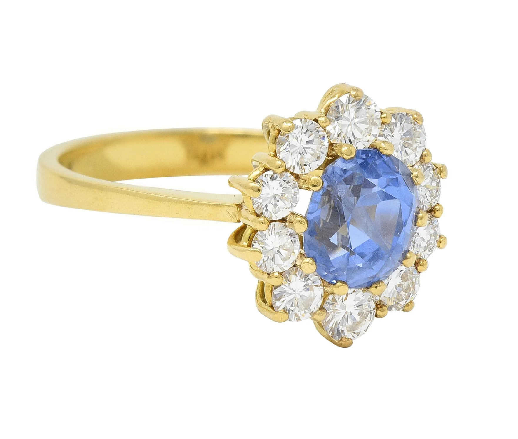 Mid-Century 2.98 CTW No Heat Ceylon Sapphire Diamond 18 Karat Gold Halo Ring GIA - Image 2