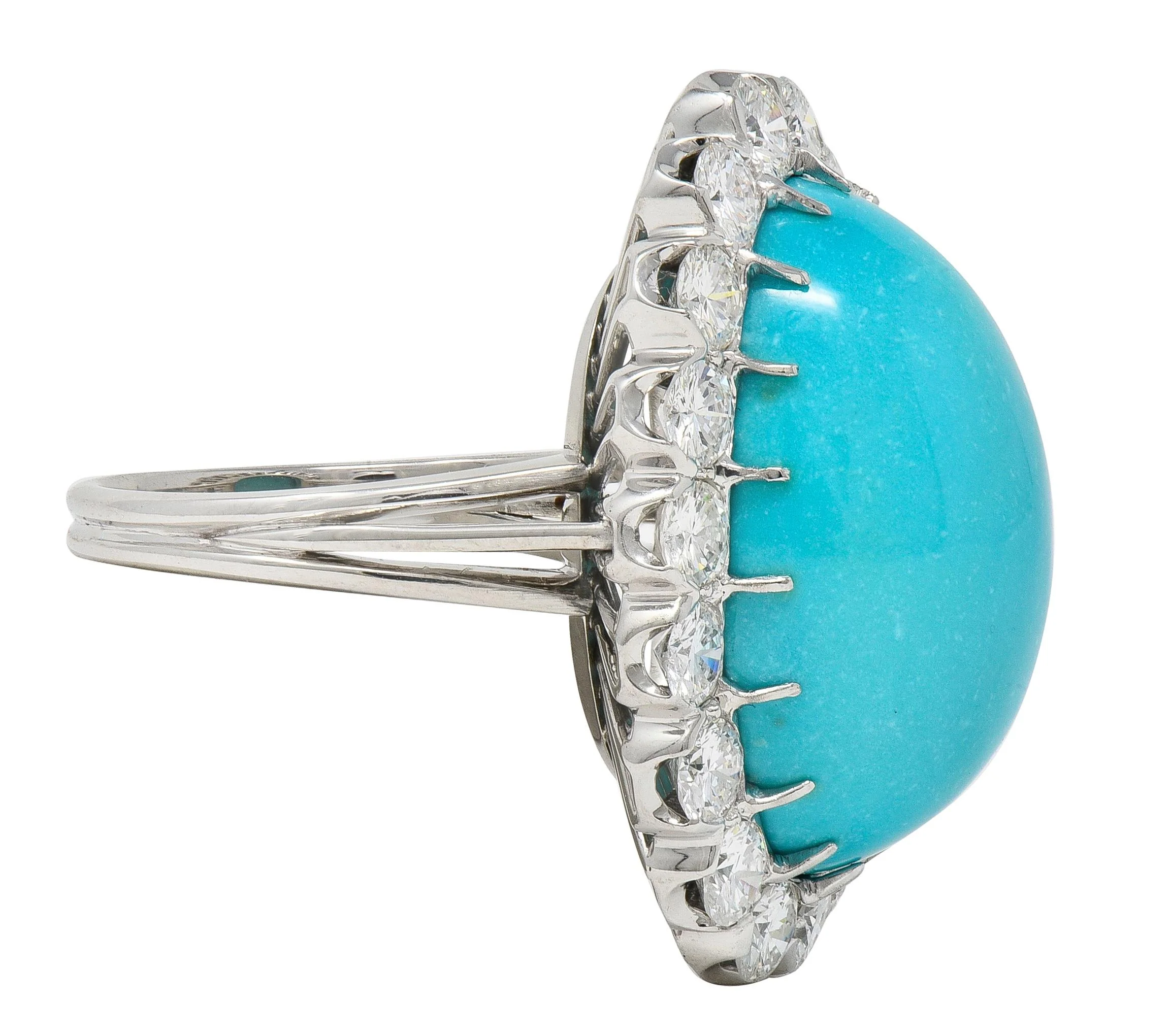 Mid-Century 3.24 CTW Diamond Turquoise 18 Karat White Gold Vintage Wire Halo Ring - Image 2