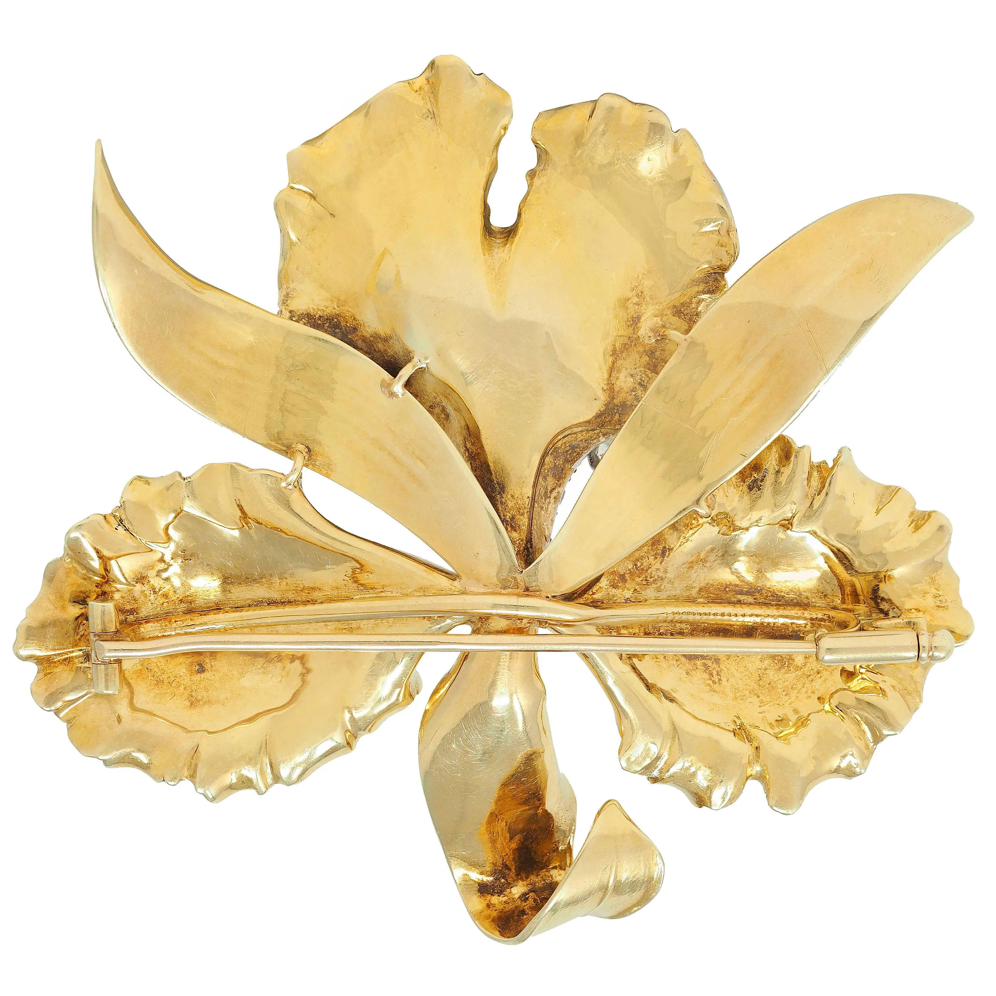 Mid-Century 3.35 CTW Diamond Emerald Platinum 14 Karat Yellow Gold Vintage Orchid Flower Brooch - Image 4
