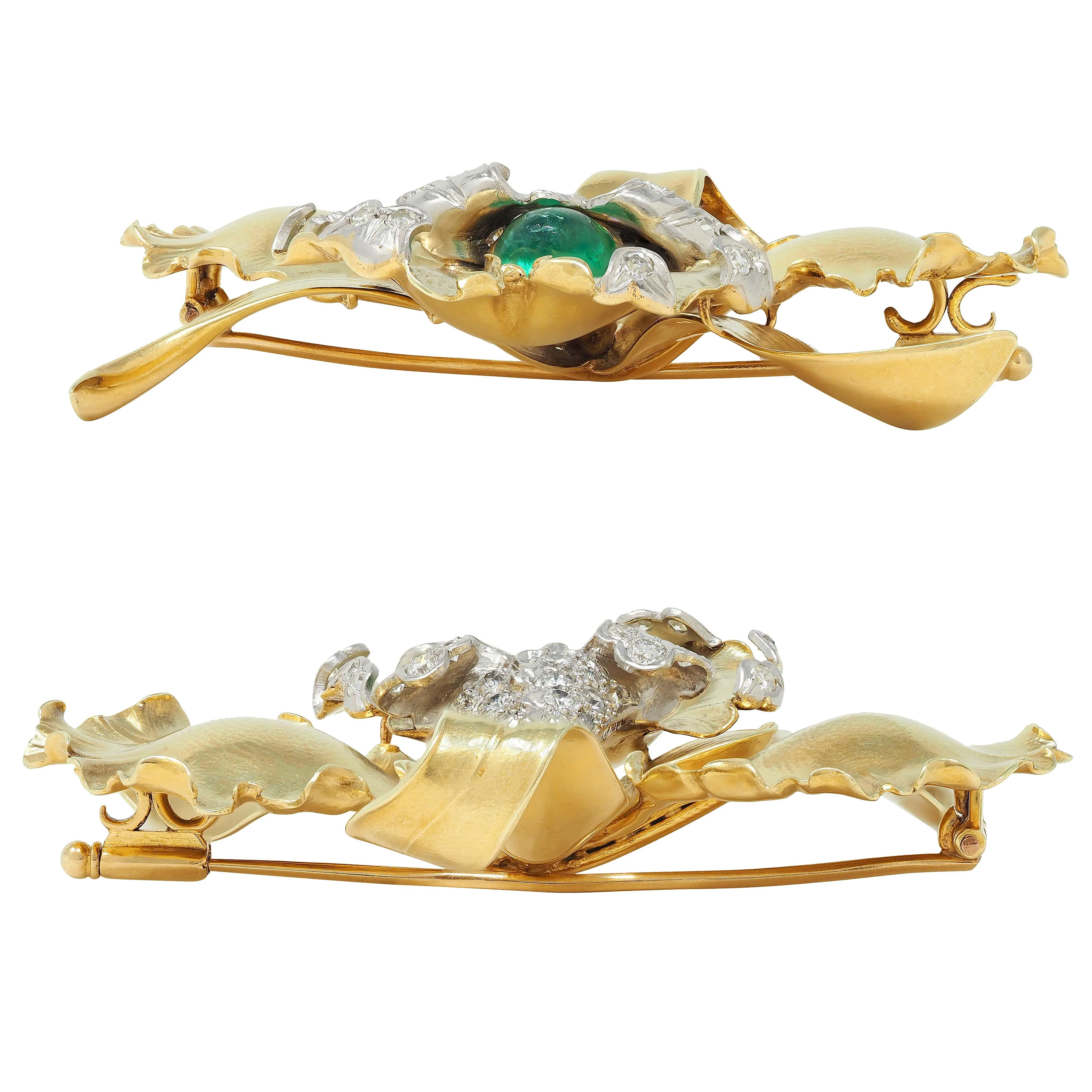 Mid-Century 3.35 CTW Diamond Emerald Platinum 14 Karat Yellow Gold Vintage Orchid Flower Brooch - Image 7