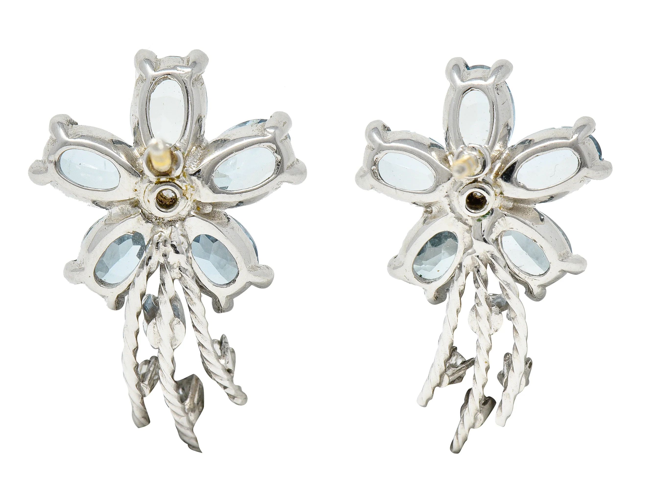 Mid-Century 3.42 CTW Aquamarine Diamond 14 Karat White Gold Floral Spray Vintage Earrings - Image 3