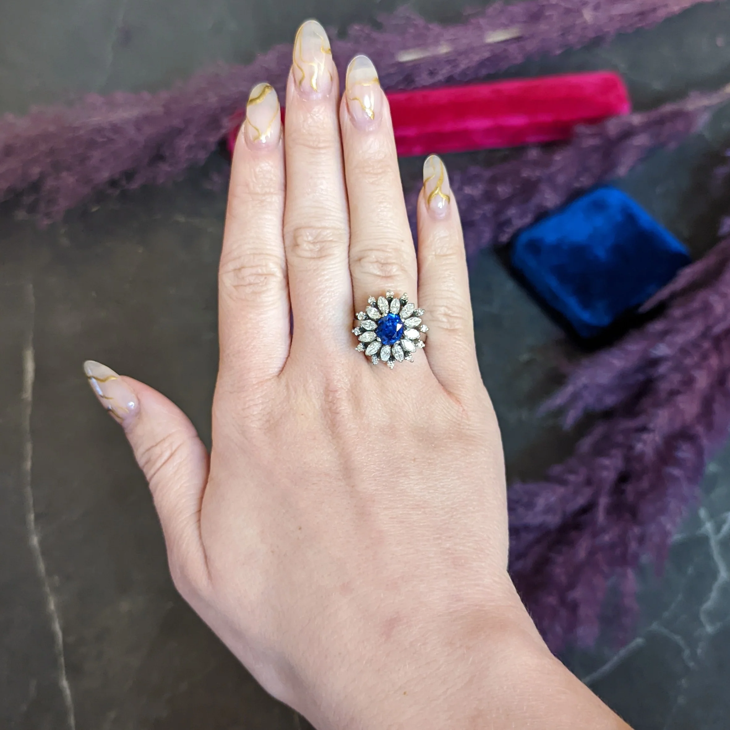 Mid-Century 3.91 CTW No Heat Ceylon Sapphire Diamond Platinum Cluster Ring GIA - Image 14