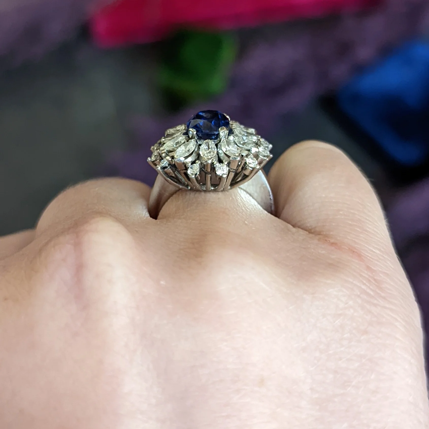 Mid-Century 3.91 CTW No Heat Ceylon Sapphire Diamond Platinum Cluster Ring GIA - Image 16