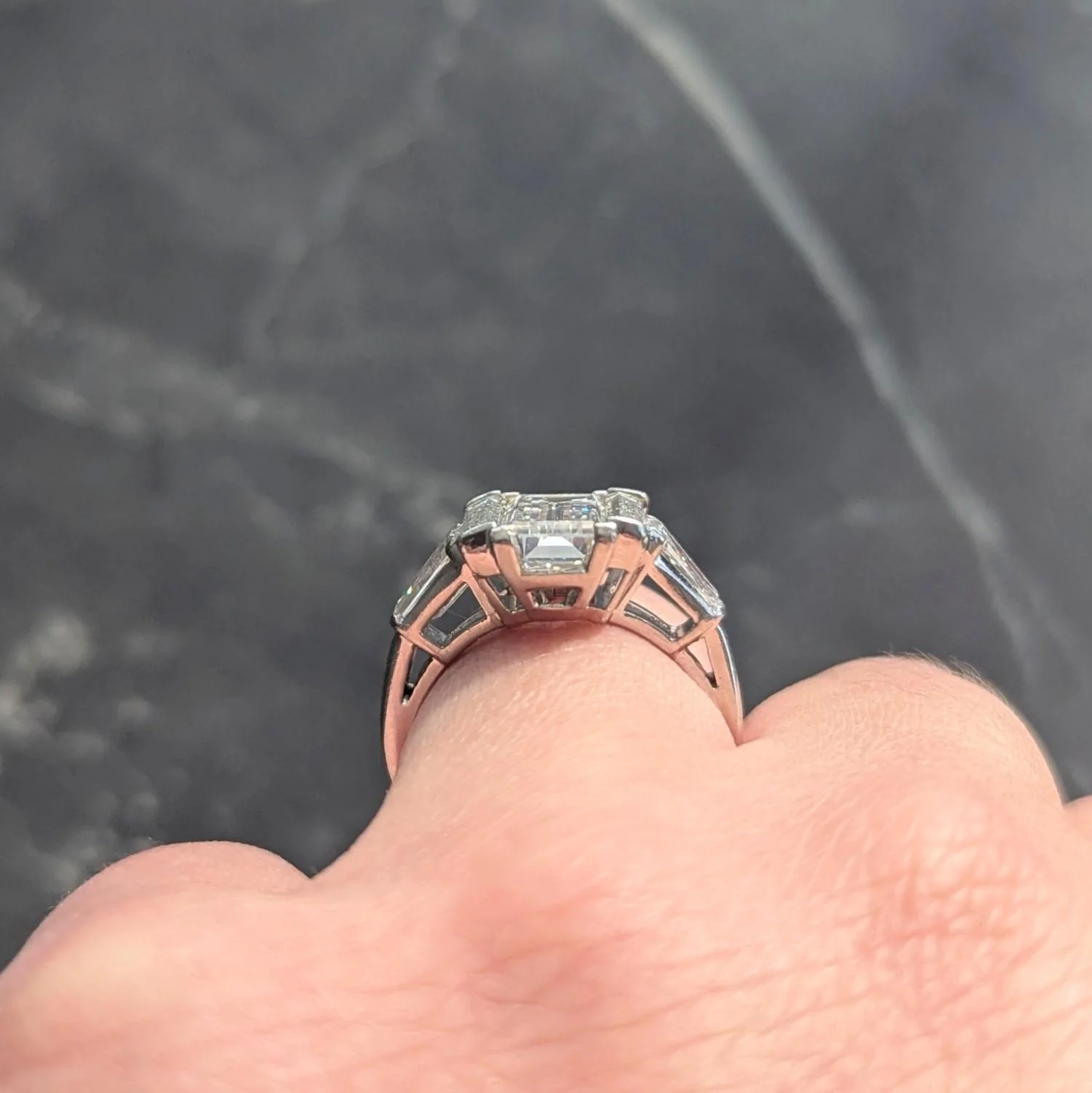 Mid-Century 4.03 CTW Step Cut Diamond Platinum Vintage Three Stone Engagement Ring GIA - Image 15