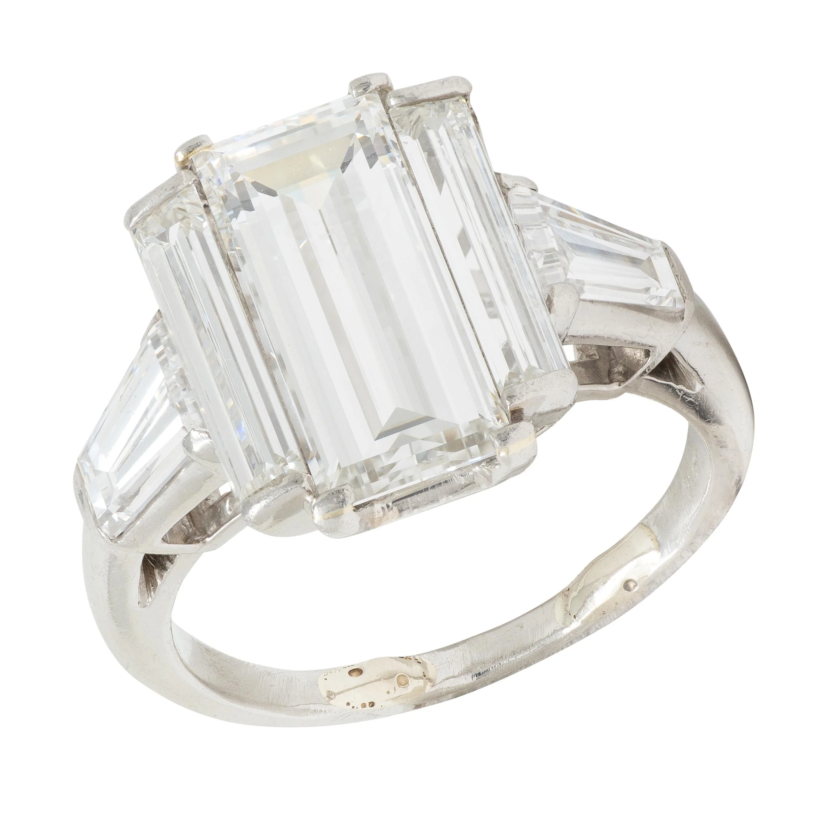 Mid-Century 4.03 CTW Step Cut Diamond Platinum Vintage Three Stone Engagement Ring GIA - Image 2