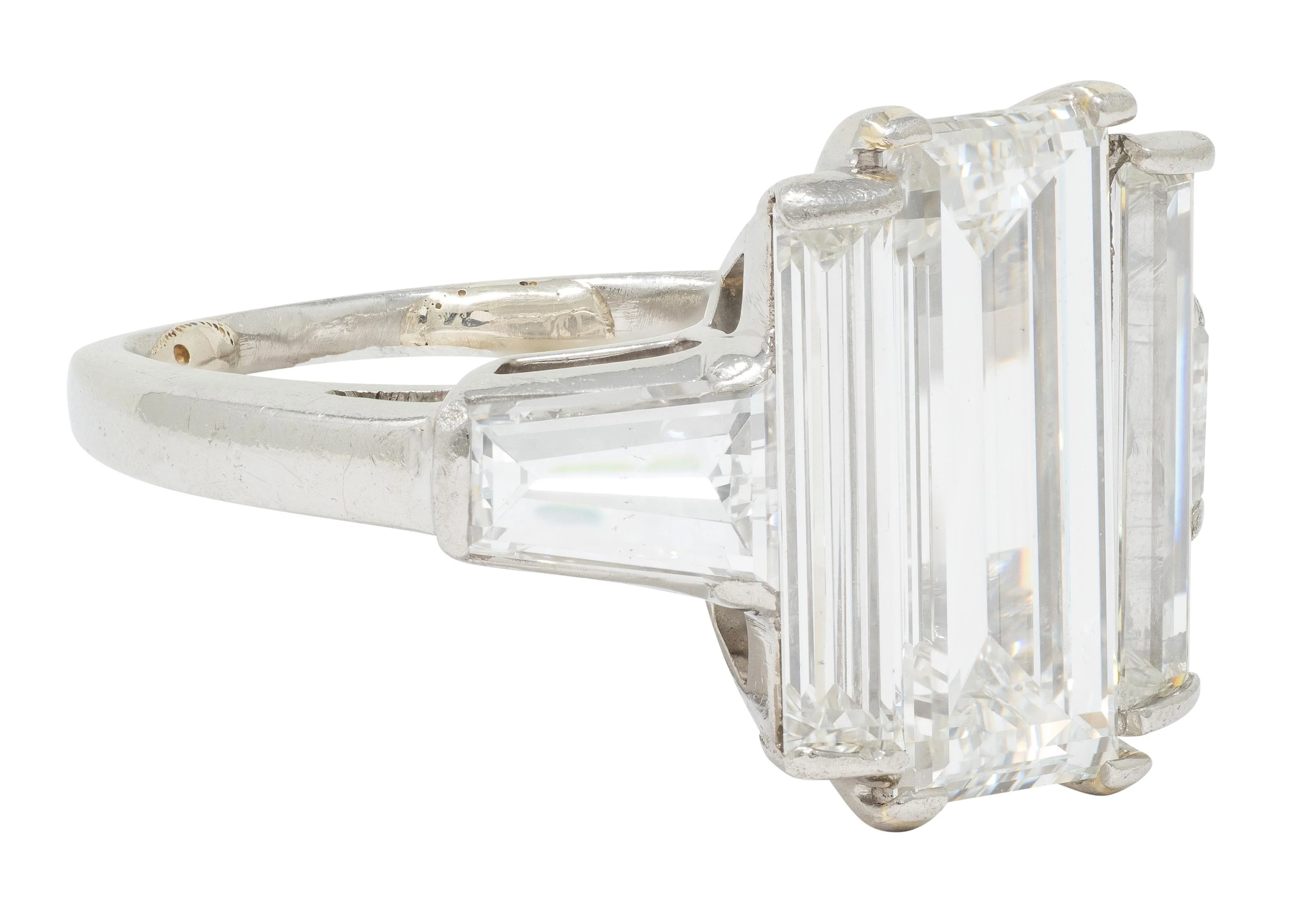 Mid-Century 4.03 CTW Step Cut Diamond Platinum Vintage Three Stone Engagement Ring GIA - Image 3