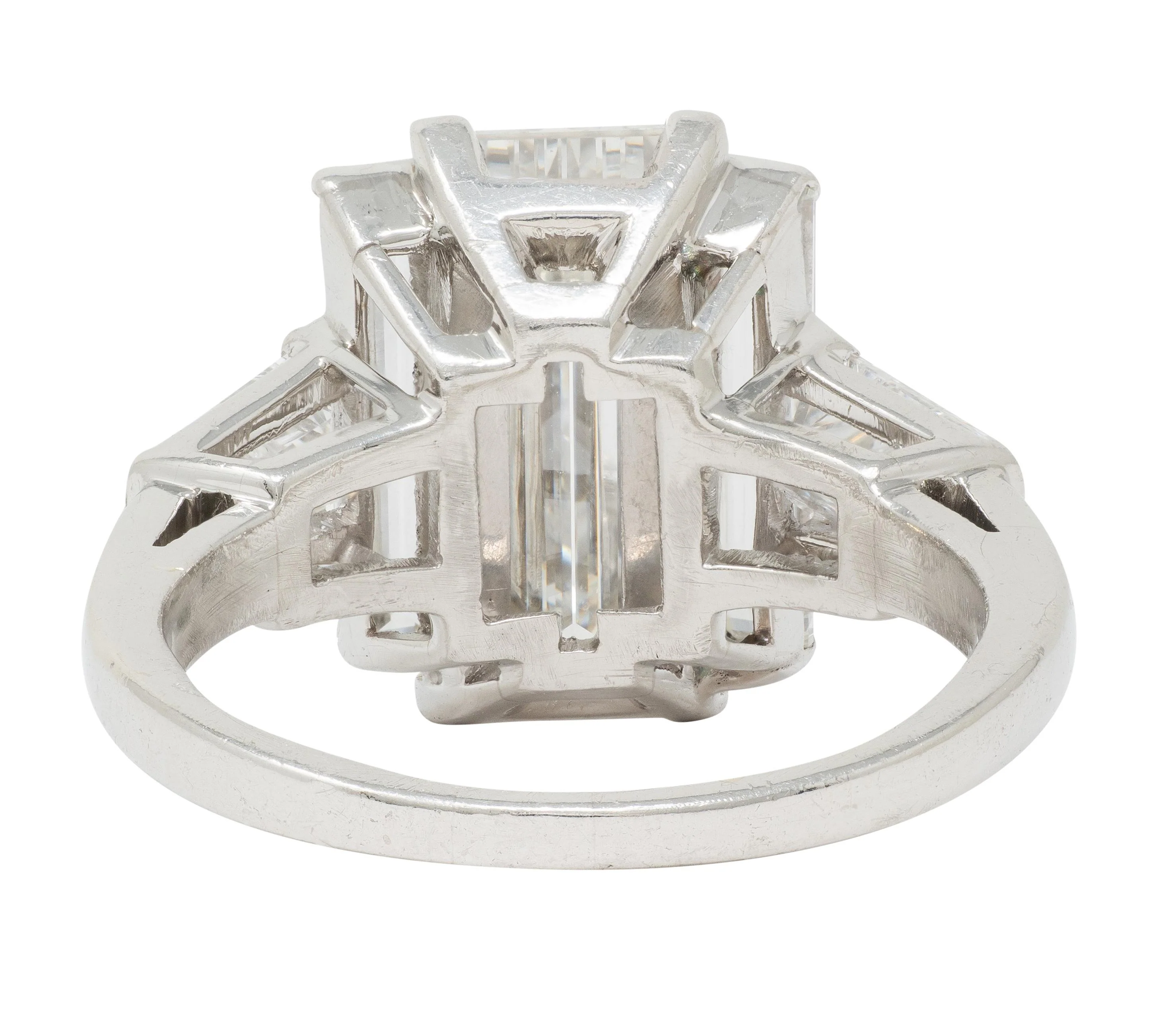 Mid-Century 4.03 CTW Step Cut Diamond Platinum Vintage Three Stone Engagement Ring GIA - Image 5