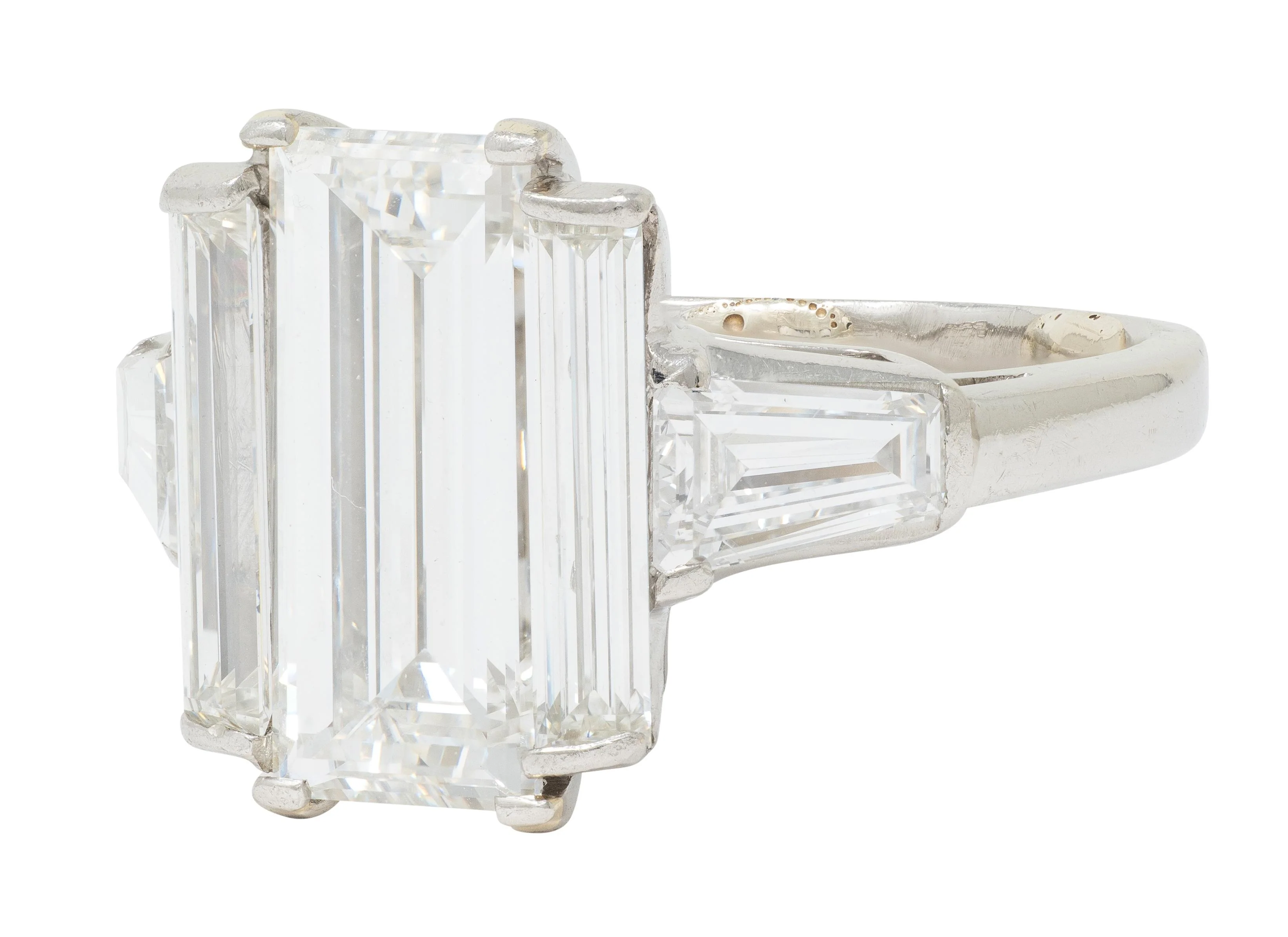 Mid-Century 4.03 CTW Step Cut Diamond Platinum Vintage Three Stone Engagement Ring GIA - Image 7