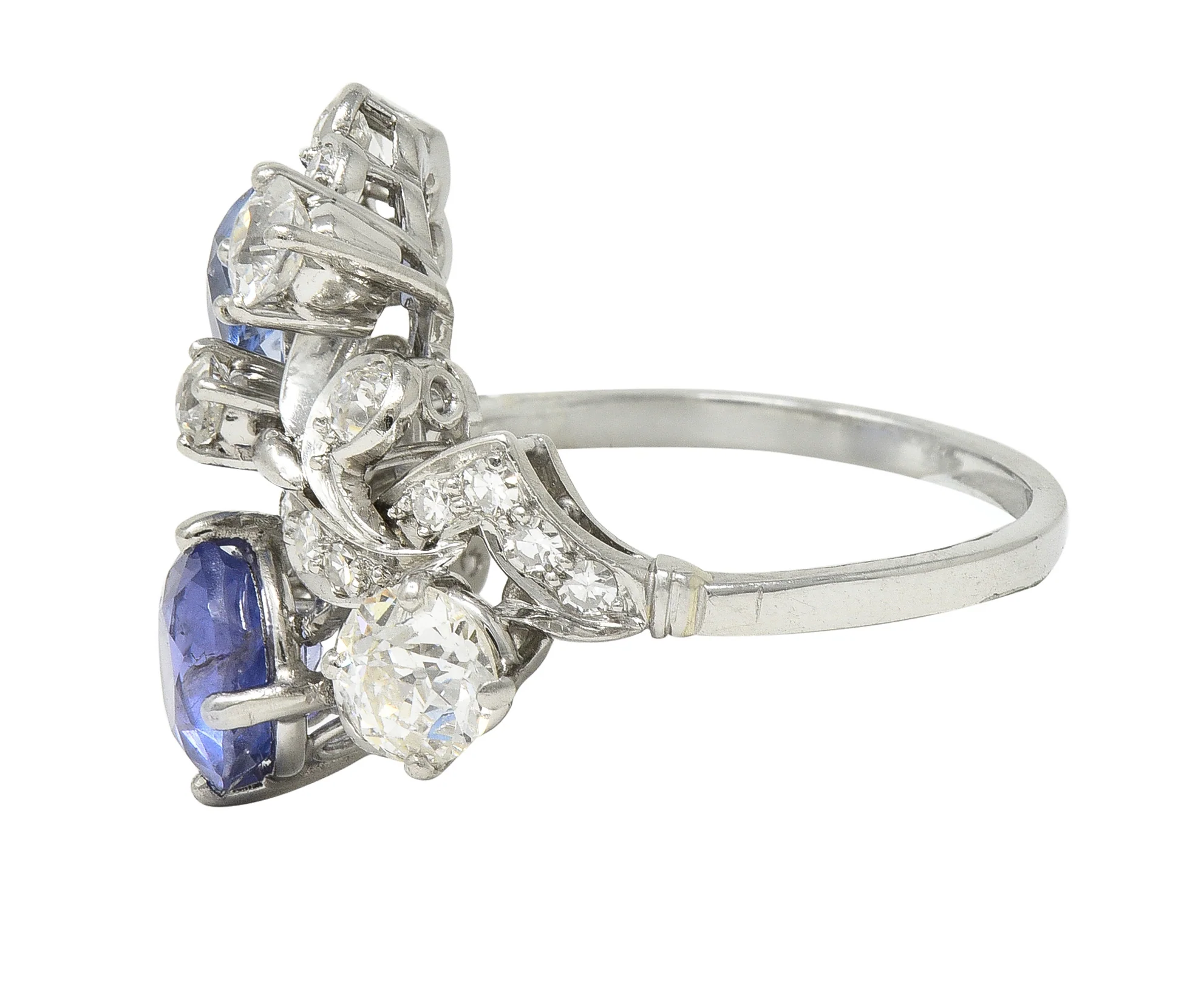 Mid-Century 4.82 CTW Sapphire Diamond Platinum Floral Spray Vintage Bypass Ring - Image 5