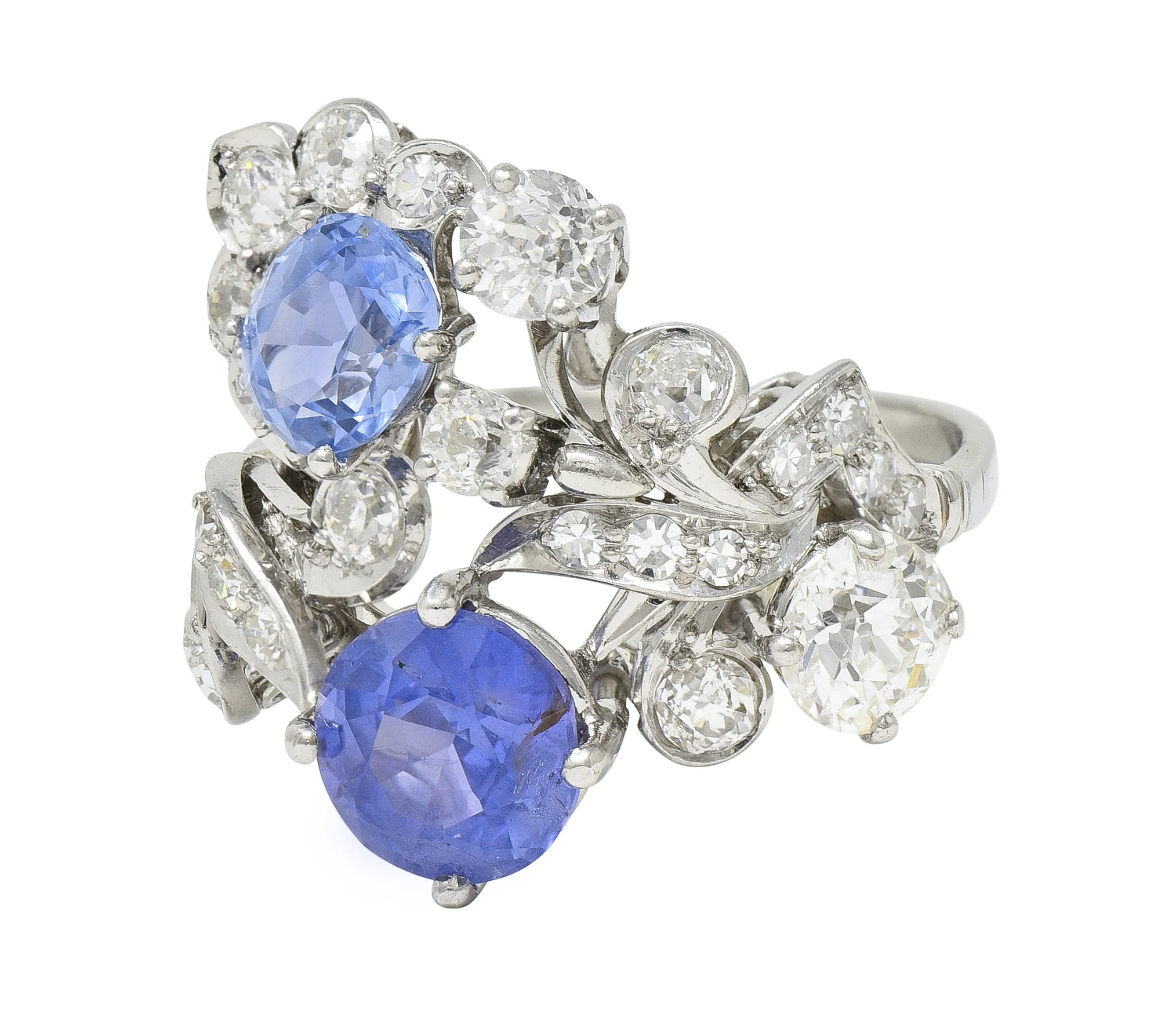 Mid-Century 4.82 CTW Sapphire Diamond Platinum Floral Spray Vintage Bypass Ring - Image 6