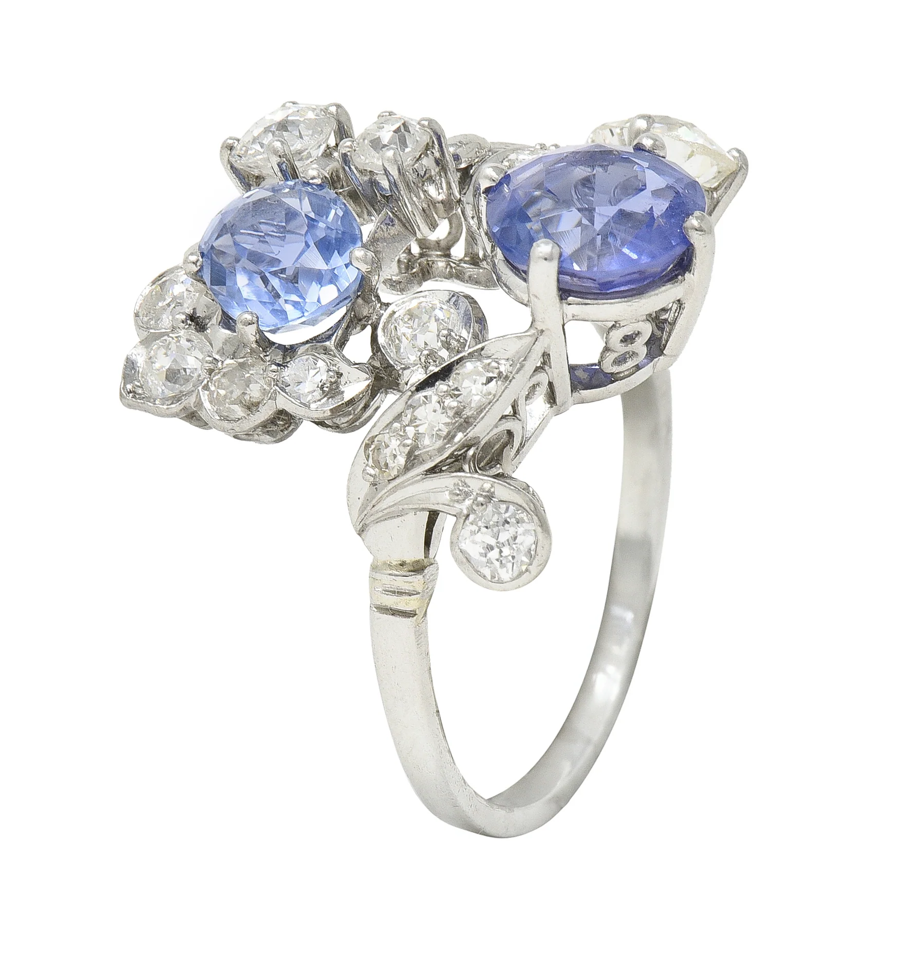 Mid-Century 4.82 CTW Sapphire Diamond Platinum Floral Spray Vintage Bypass Ring - Image 7