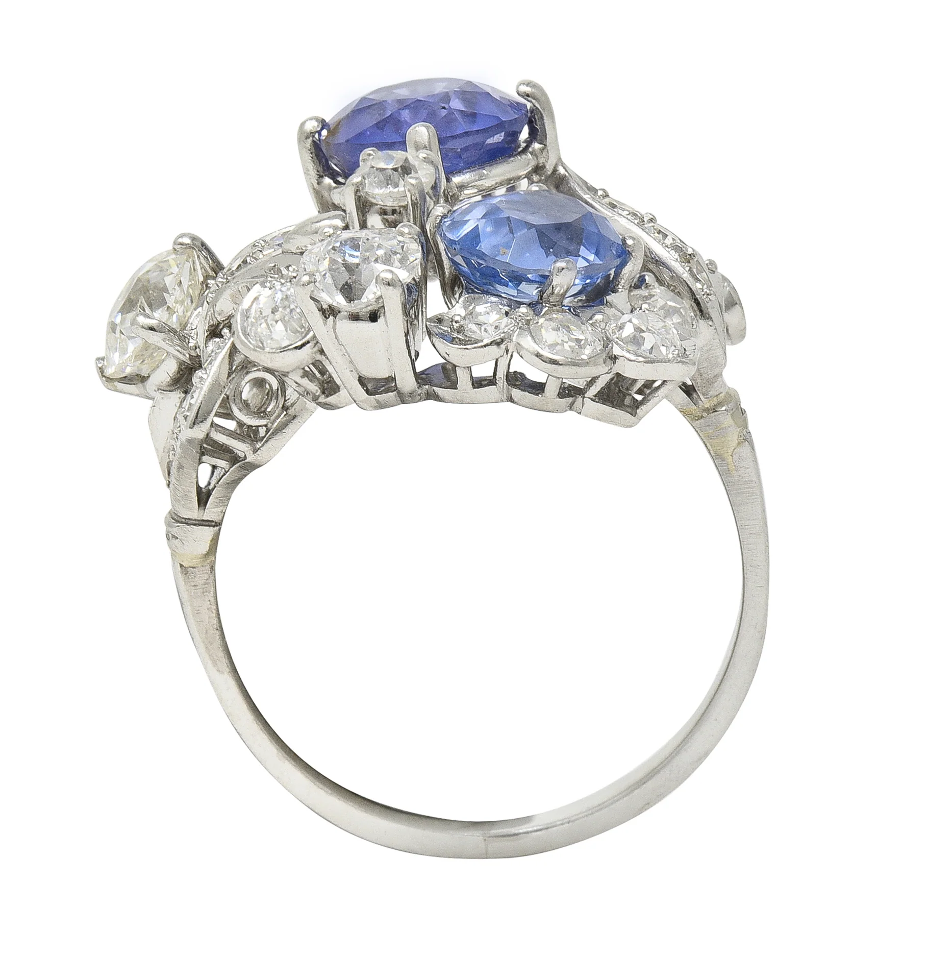Mid-Century 4.82 CTW Sapphire Diamond Platinum Floral Spray Vintage Bypass Ring - Image 9