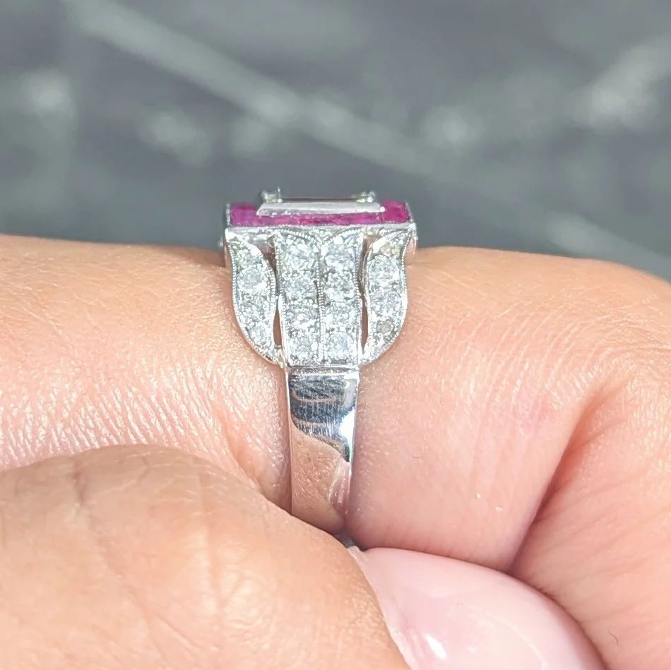 Mid-Century 5.13 CTW Baguette Diamond Ruby Platinum Floral Channel Vintage Wide Band Ring - Image 10